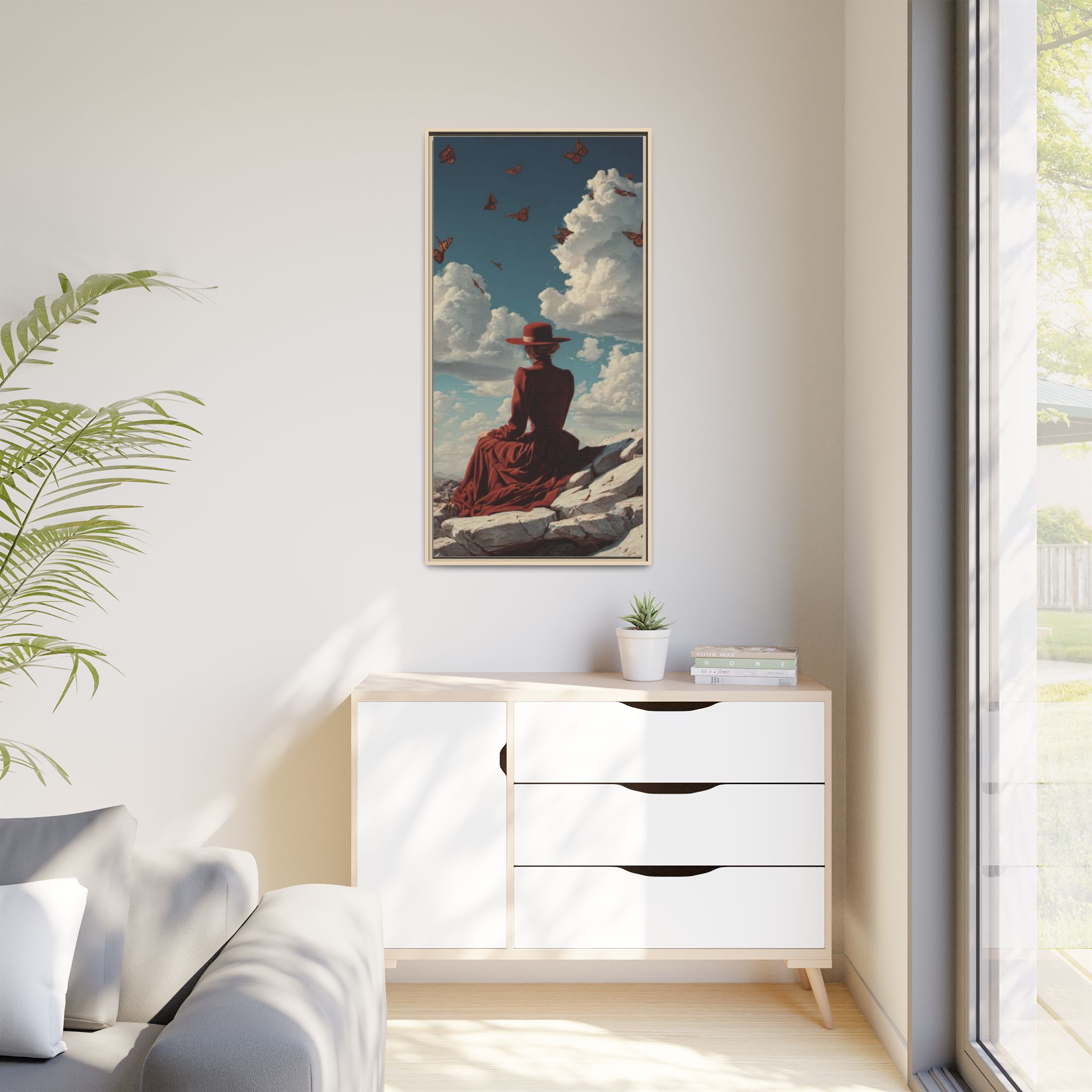 Framed Matte Canvas: Woman in Red Dress Sunset Sky Wall Art