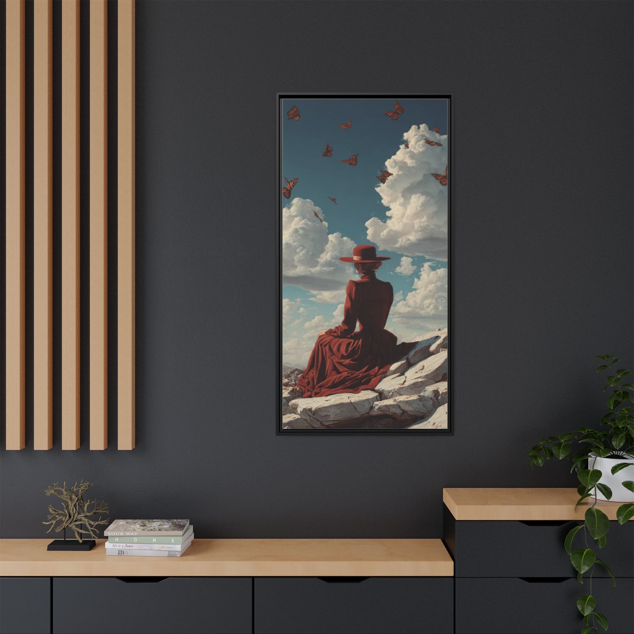 Framed Matte Canvas: Woman in Red Dress Sunset Sky Wall Art - Image 8
