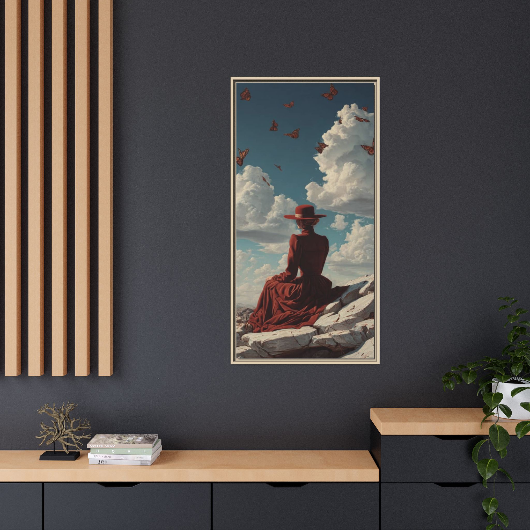 Framed Matte Canvas: Woman in Red Dress Sunset Sky Wall Art - Image 4