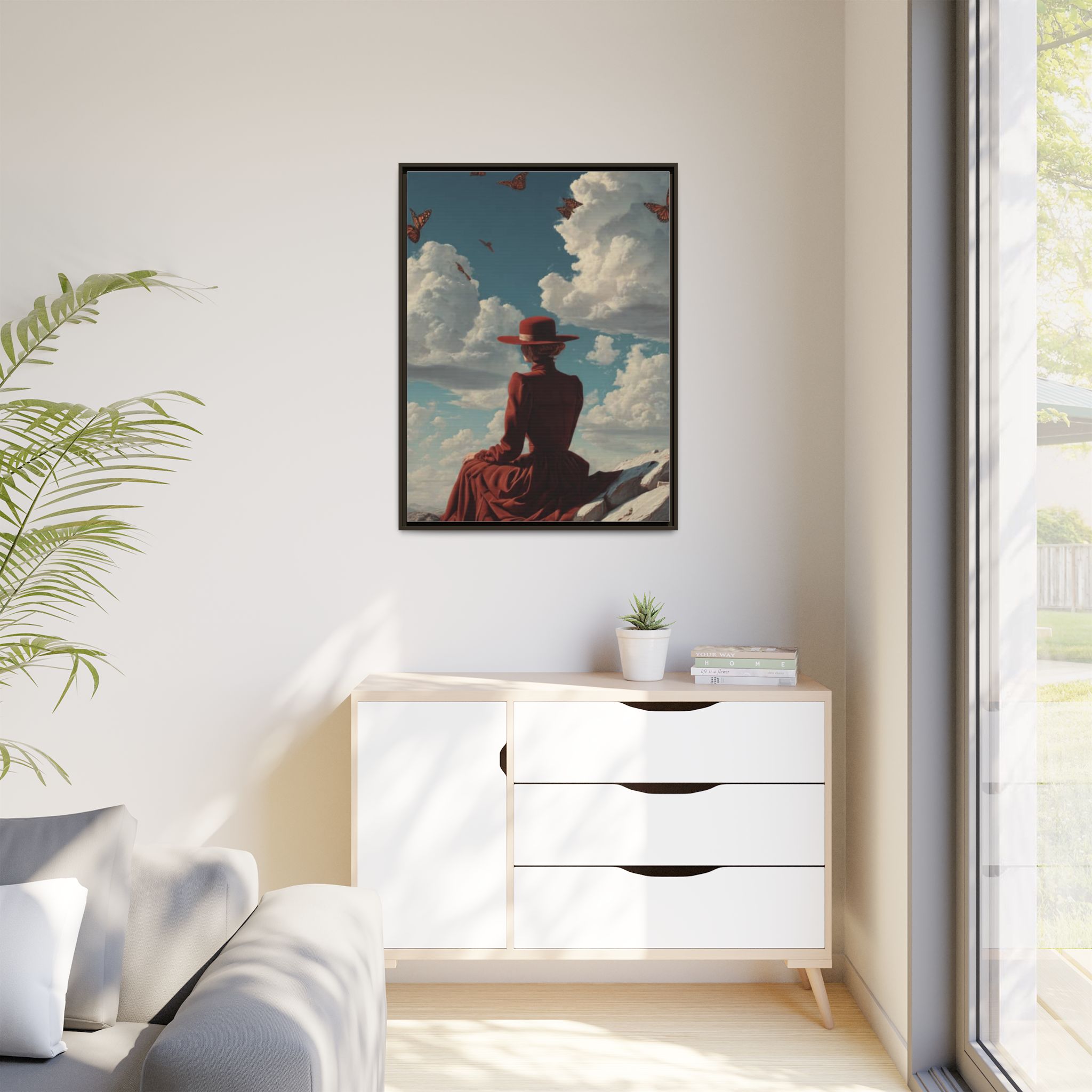 Framed Matte Canvas: Woman in Red Dress Sunset Sky Wall Art - Image 43
