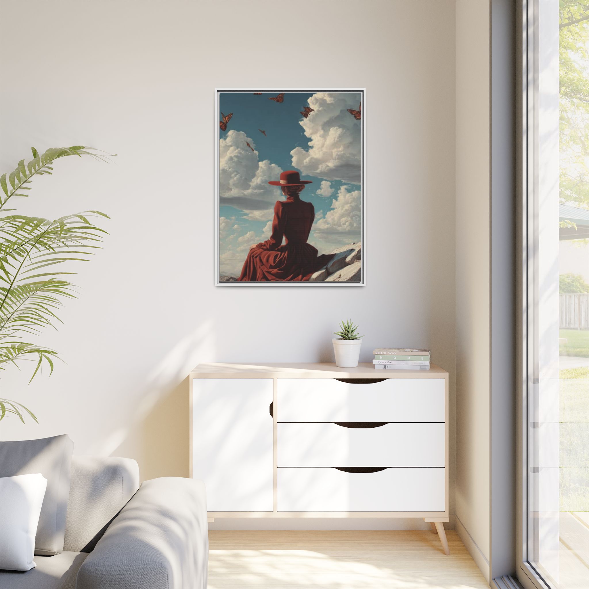 Framed Matte Canvas: Woman in Red Dress Sunset Sky Wall Art - Image 39