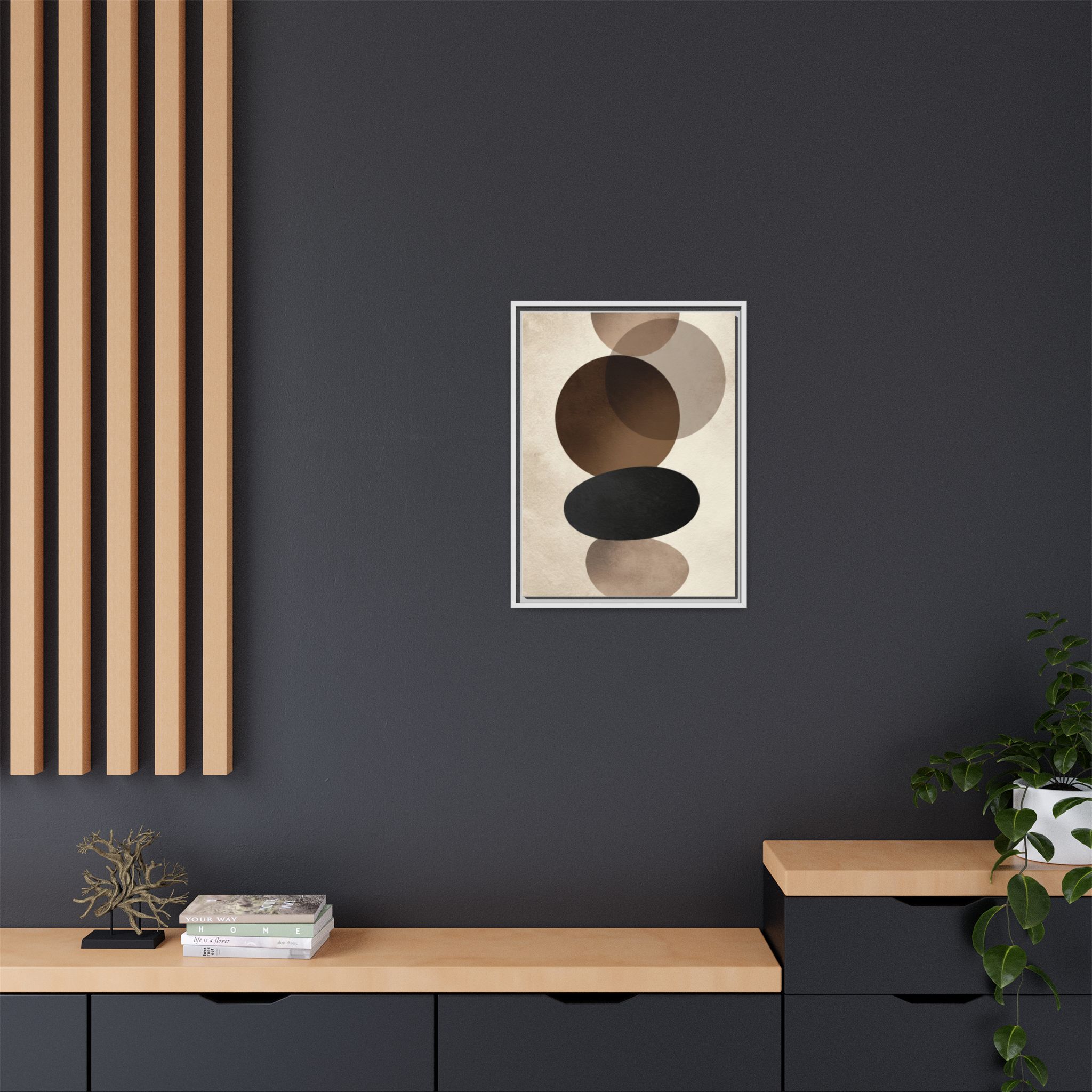 Framed Abstract Circles Matte Canvas Print — Neutral Mid-Century Wall Art - Image 224