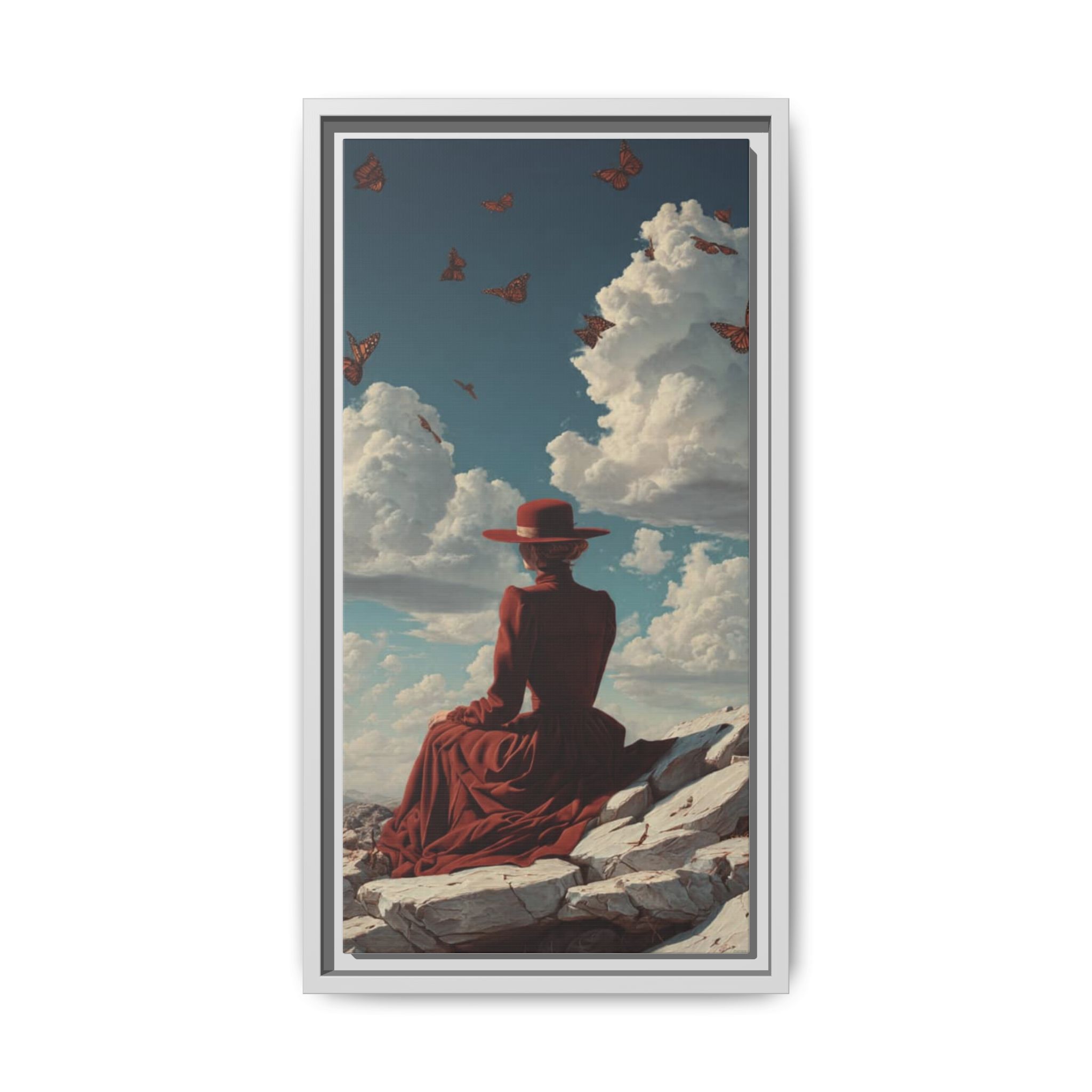 Framed Matte Canvas: Woman in Red Dress Sunset Sky Wall Art - Image 97