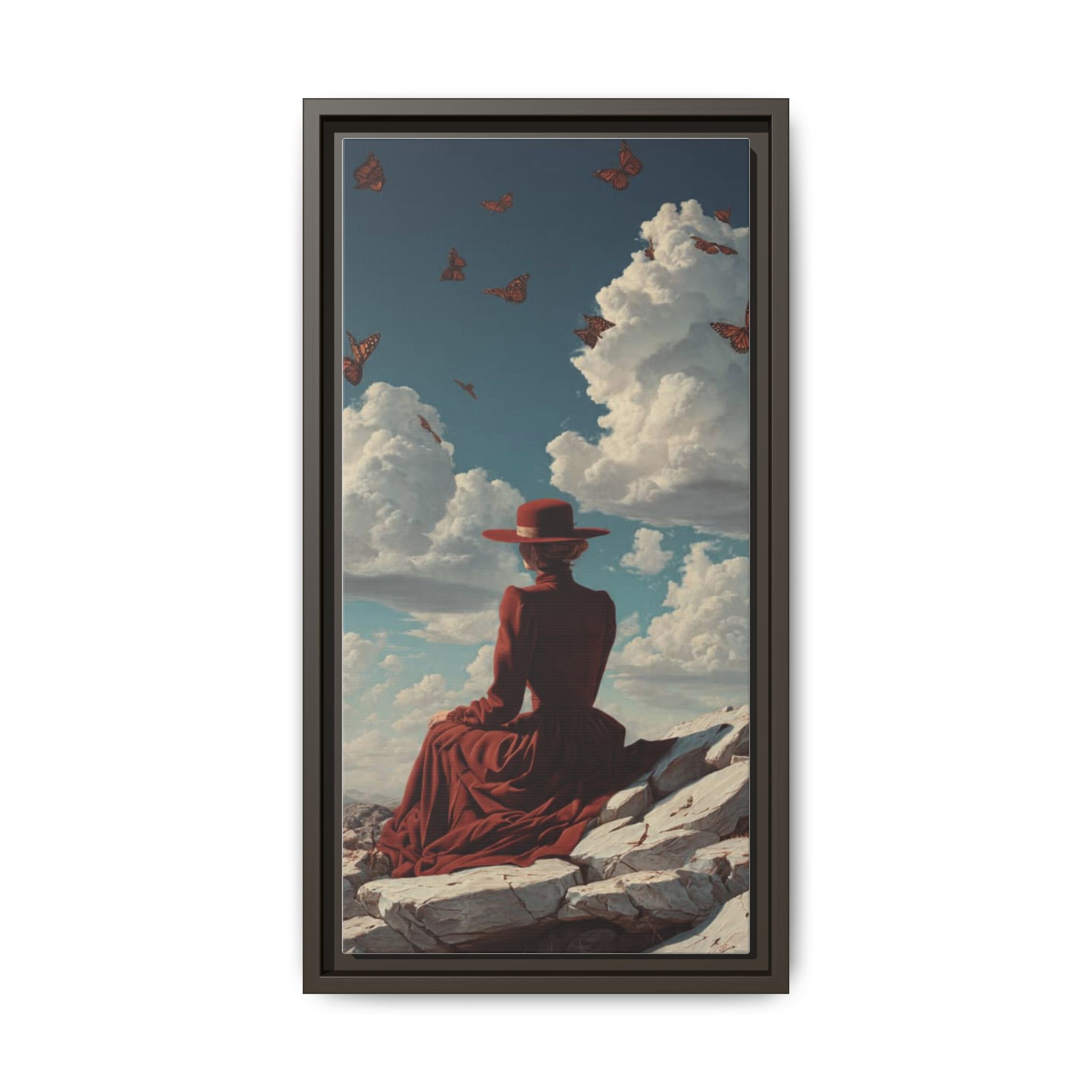 Framed Matte Canvas: Woman in Red Dress Sunset Sky Wall Art - Image 101