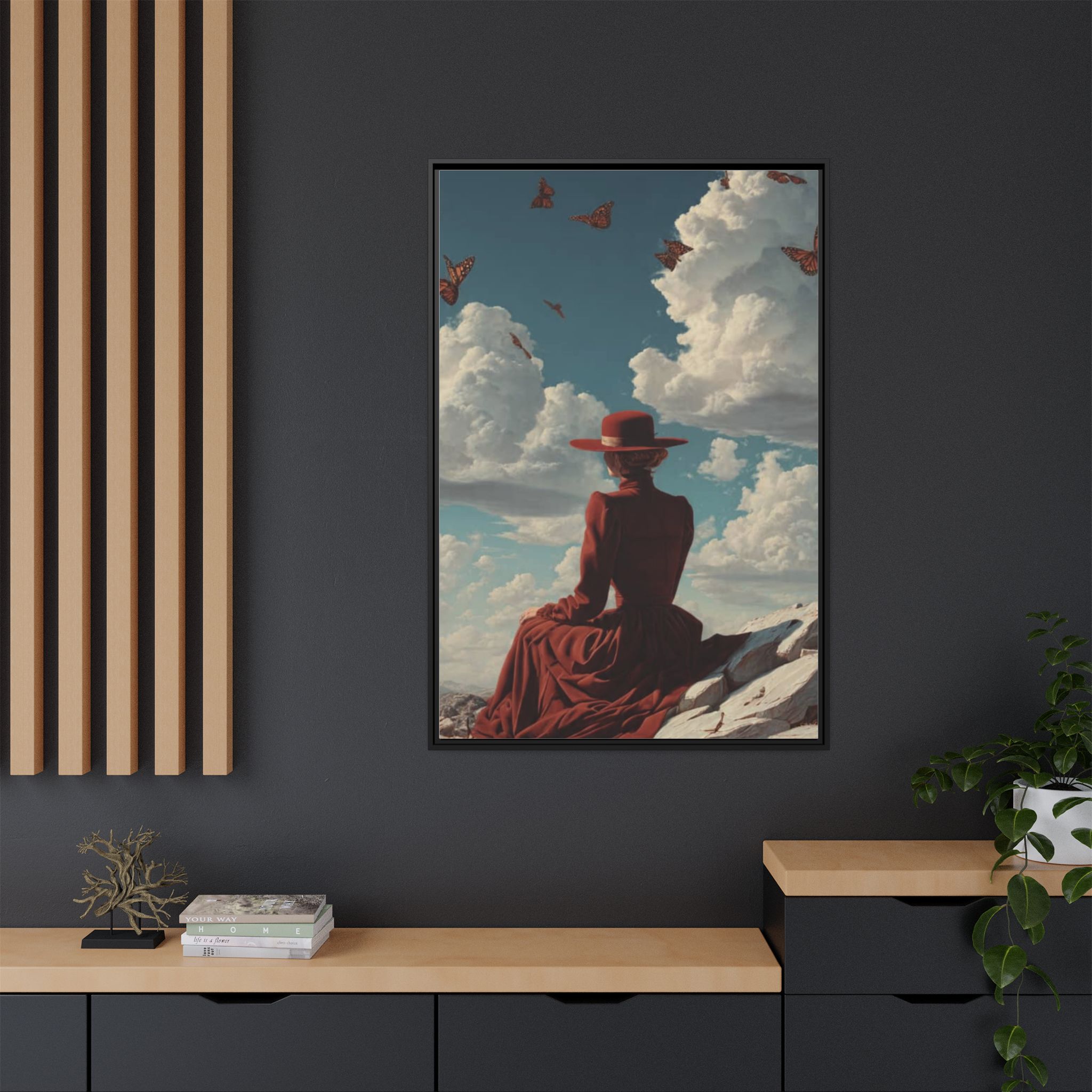 Framed Matte Canvas: Woman in Red Dress Sunset Sky Wall Art - Image 116