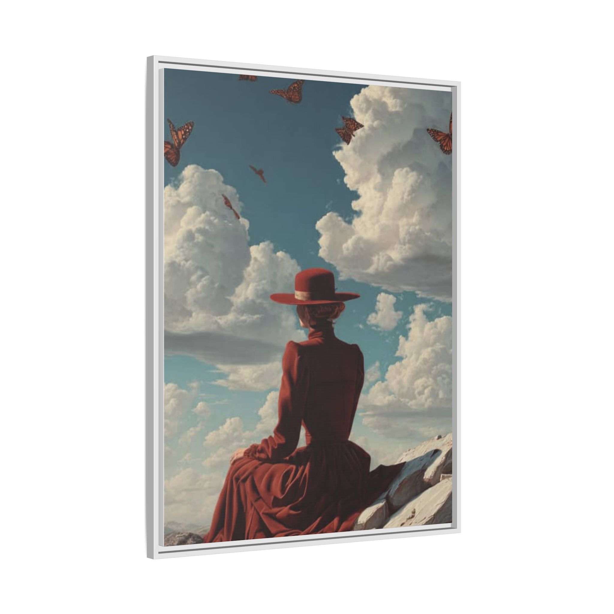Framed Matte Canvas: Woman in Red Dress Sunset Sky Wall Art - Image 38
