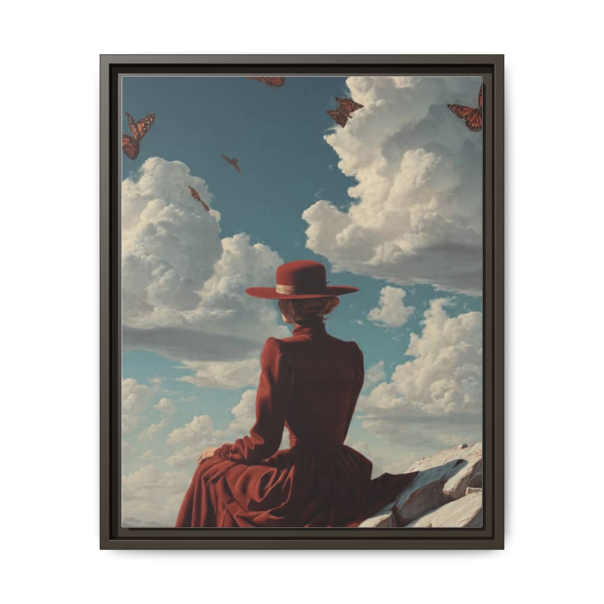 Framed Matte Canvas: Woman in Red Dress Sunset Sky Wall Art - Image 217