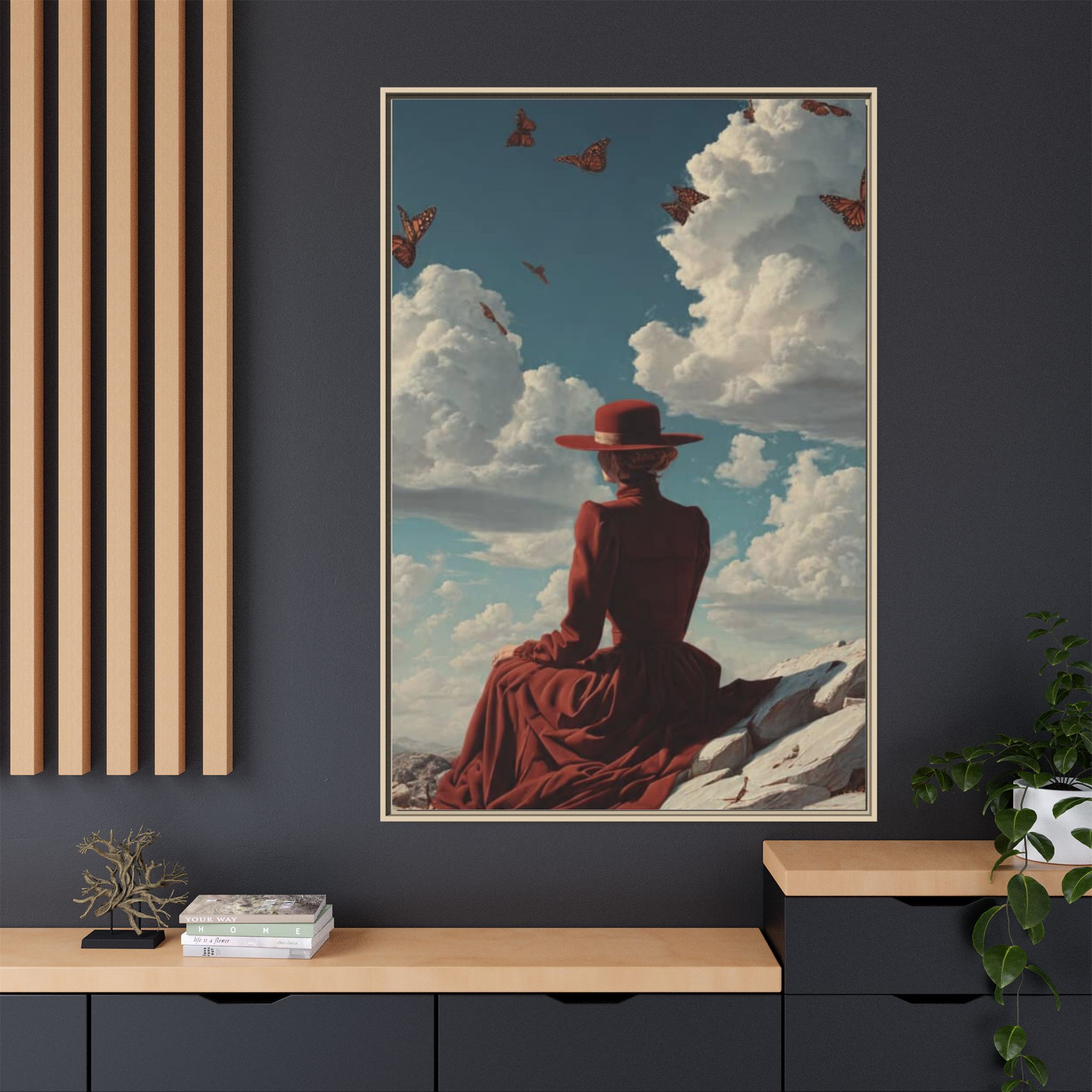 Framed Matte Canvas: Woman in Red Dress Sunset Sky Wall Art - Image 80