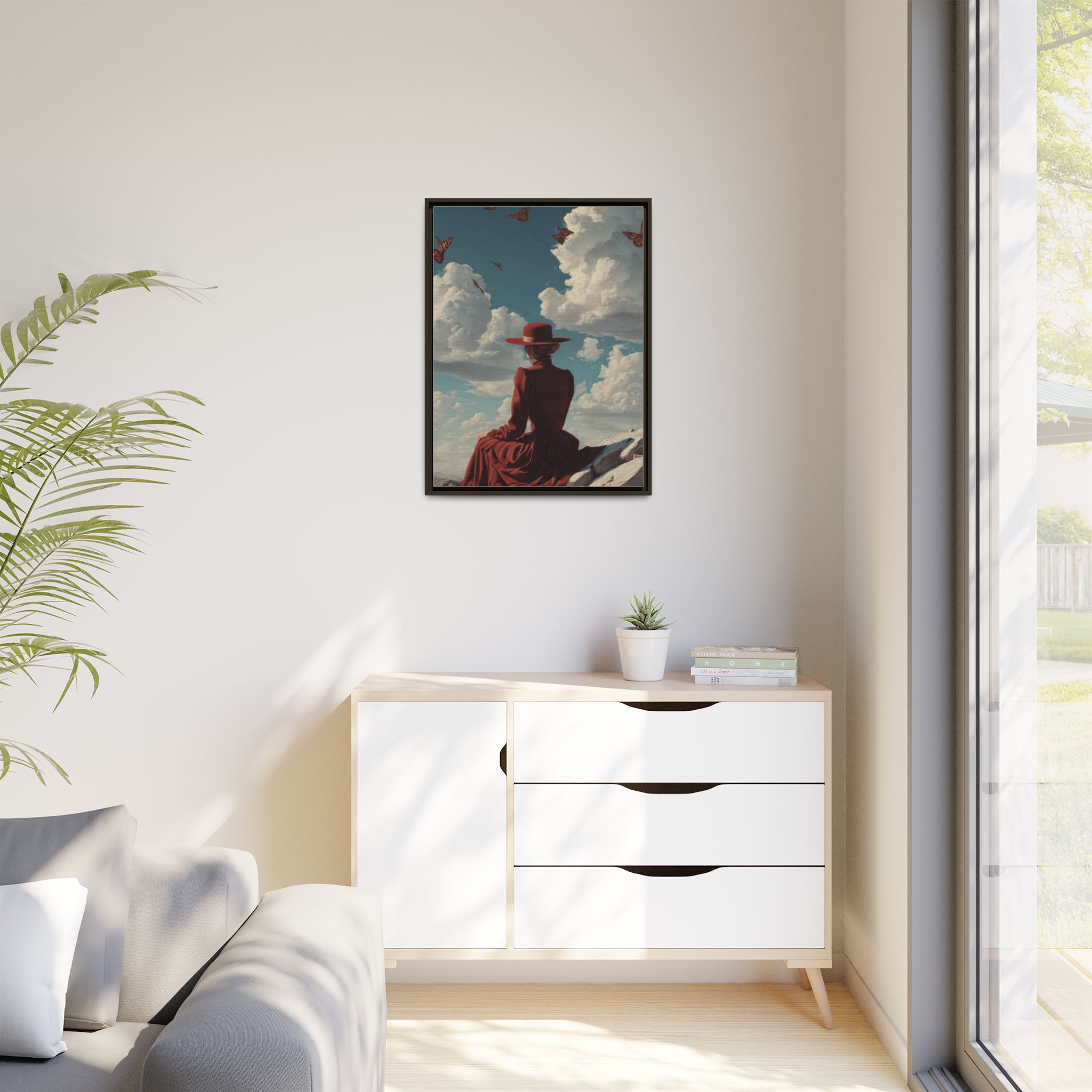Framed Matte Canvas: Woman in Red Dress Sunset Sky Wall Art - Image 247