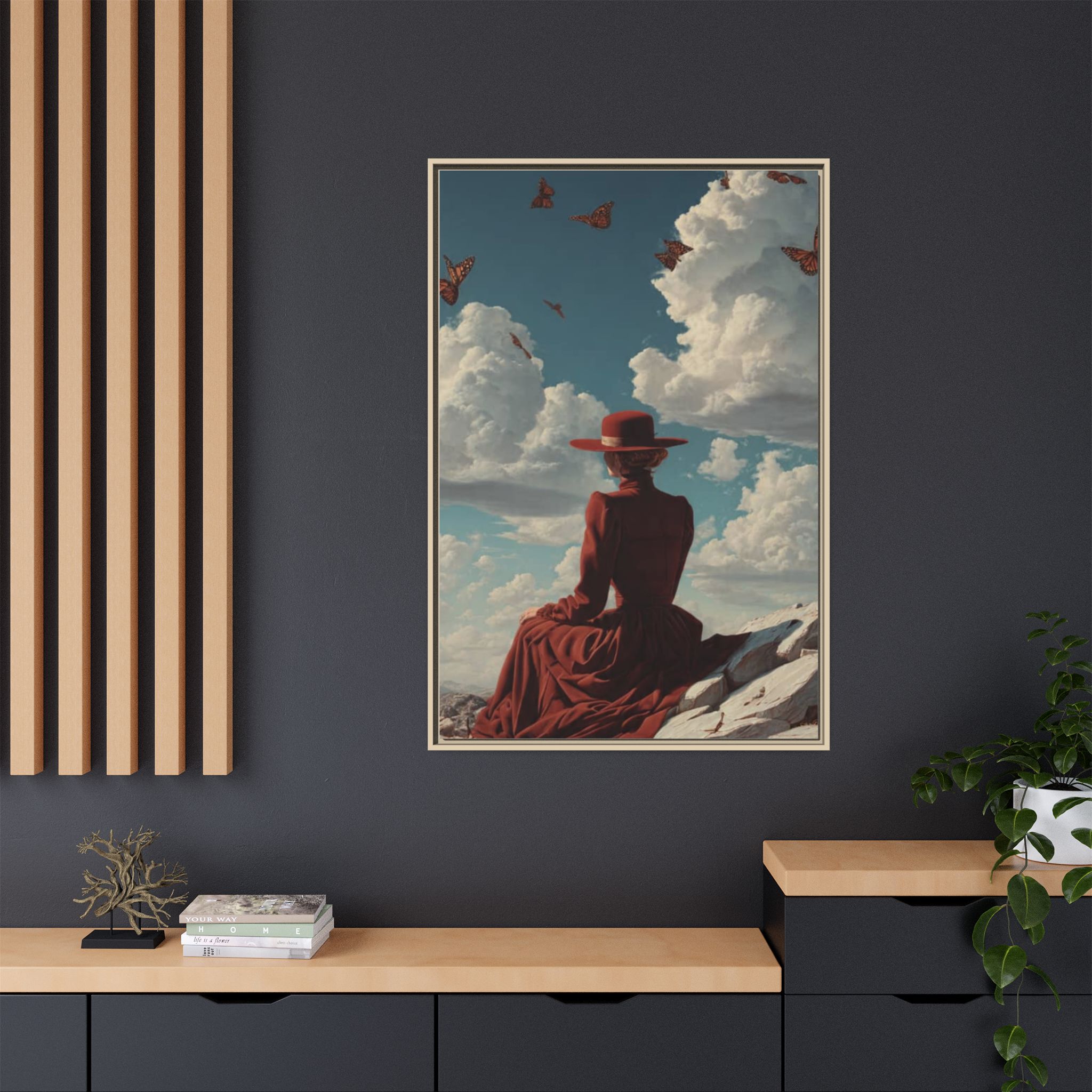 Framed Matte Canvas: Woman in Red Dress Sunset Sky Wall Art - Image 124