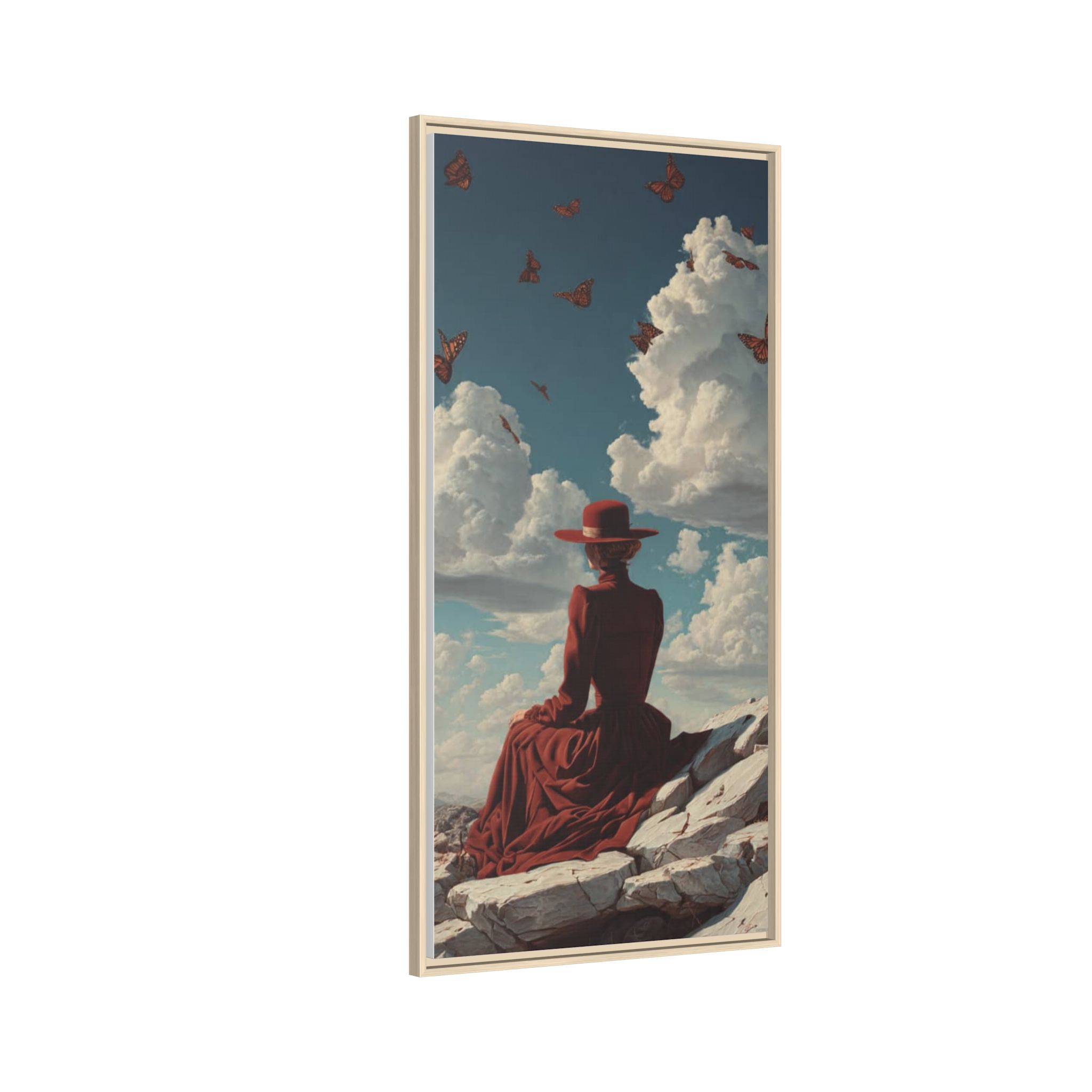 Framed Matte Canvas: Woman in Red Dress Sunset Sky Wall Art - Image 3