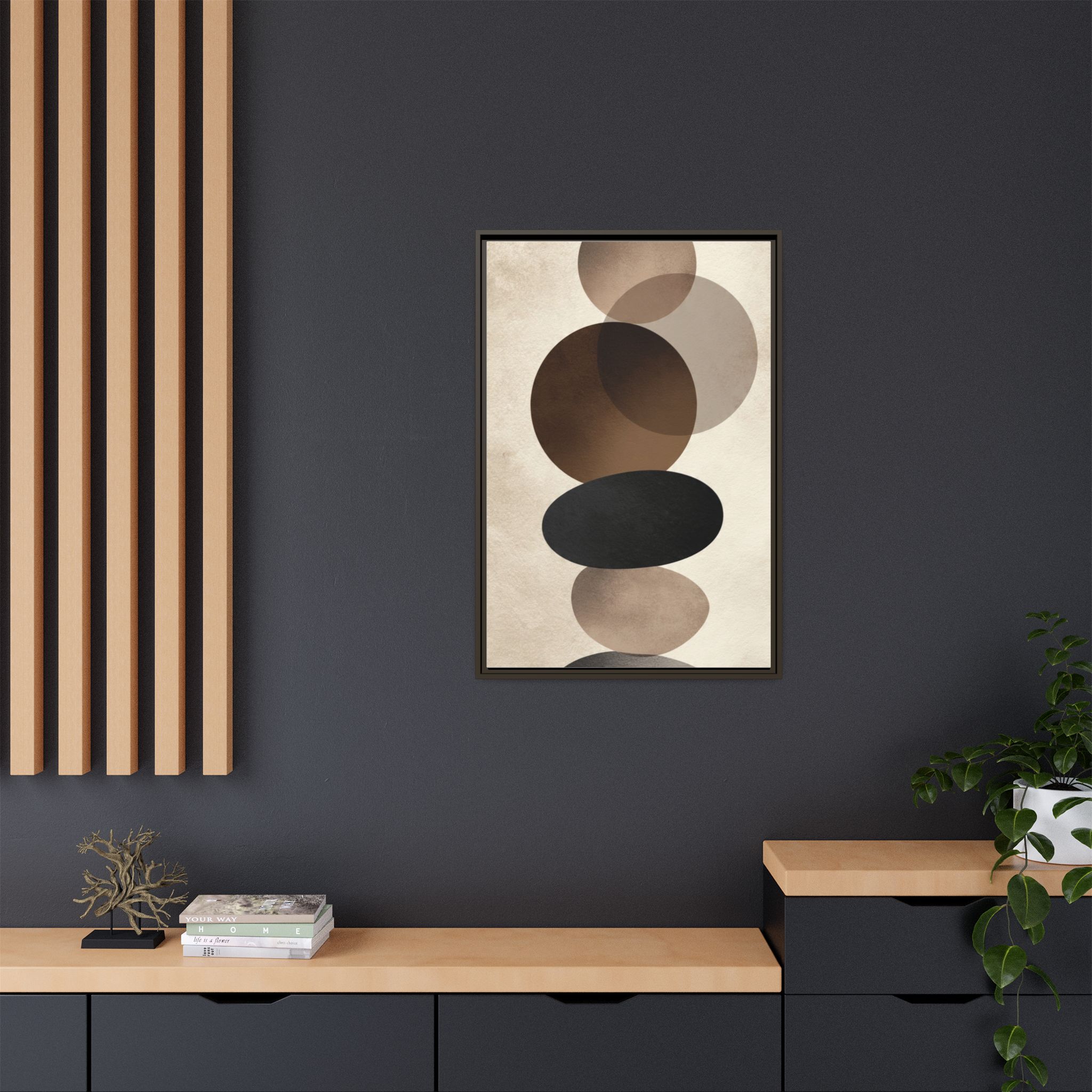 Framed Abstract Circles Matte Canvas Print — Neutral Mid-Century Wall Art - Image 204