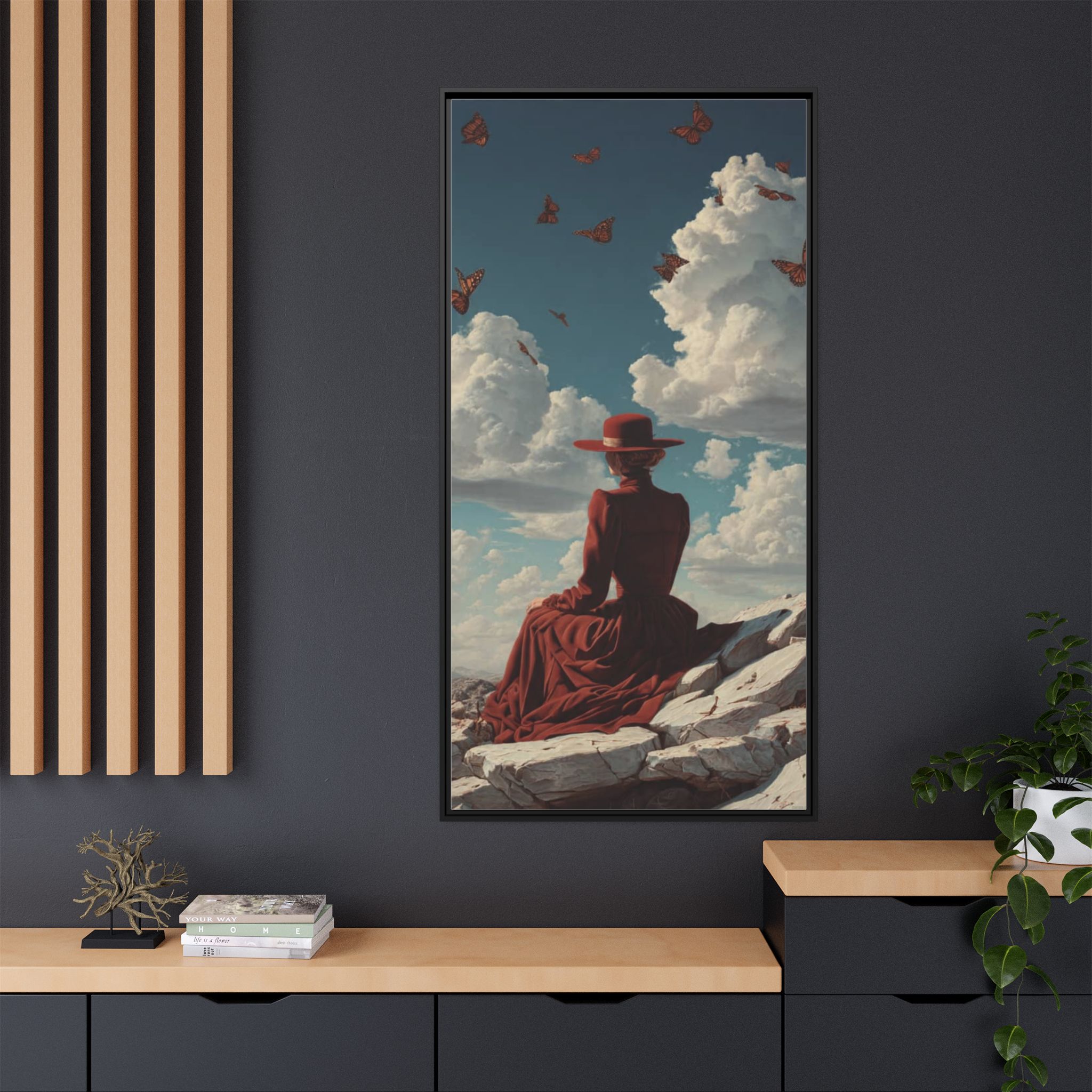 Framed Matte Canvas: Woman in Red Dress Sunset Sky Wall Art - Image 52