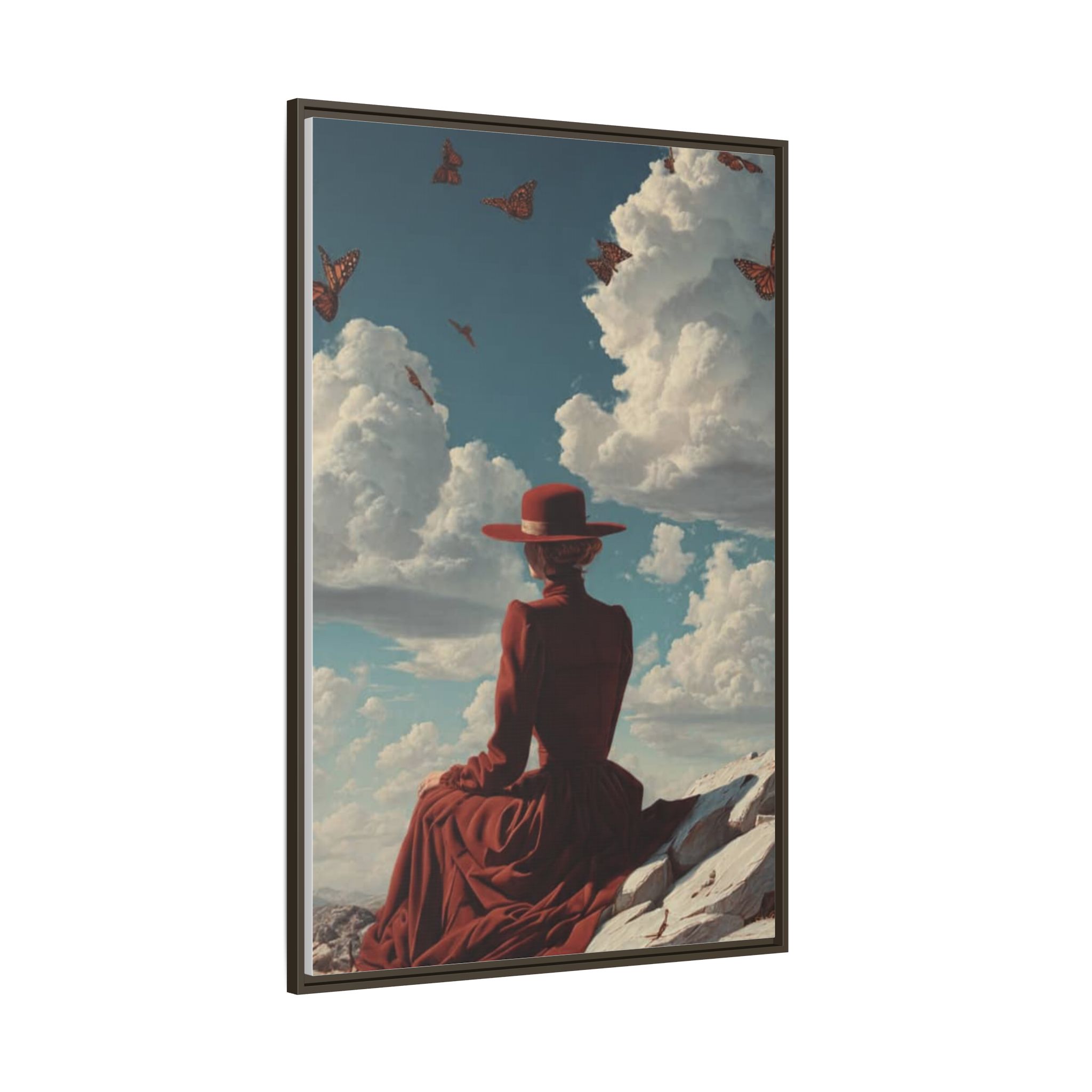 Framed Matte Canvas: Woman in Red Dress Sunset Sky Wall Art - Image 126