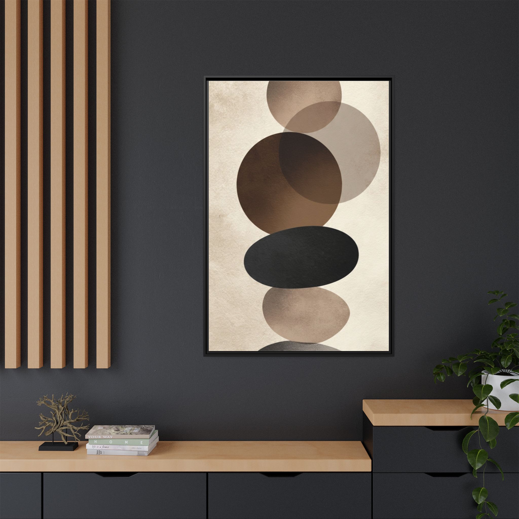 Framed Abstract Circles Matte Canvas Print — Neutral Mid-Century Wall Art - Image 100