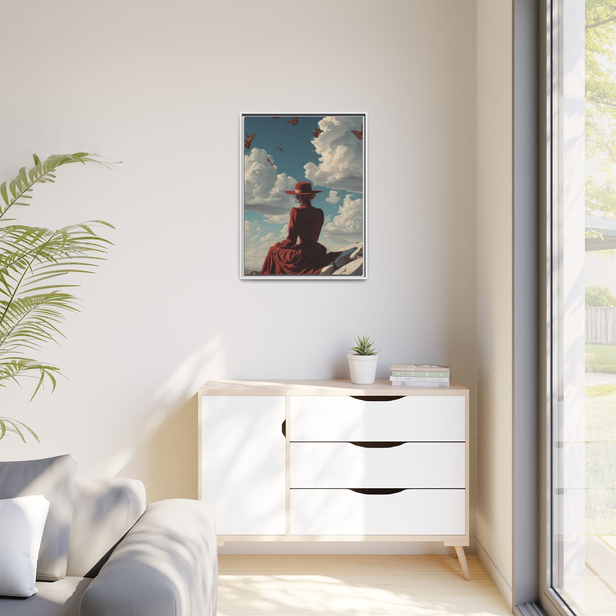 Framed Matte Canvas: Woman in Red Dress Sunset Sky Wall Art - Image 243