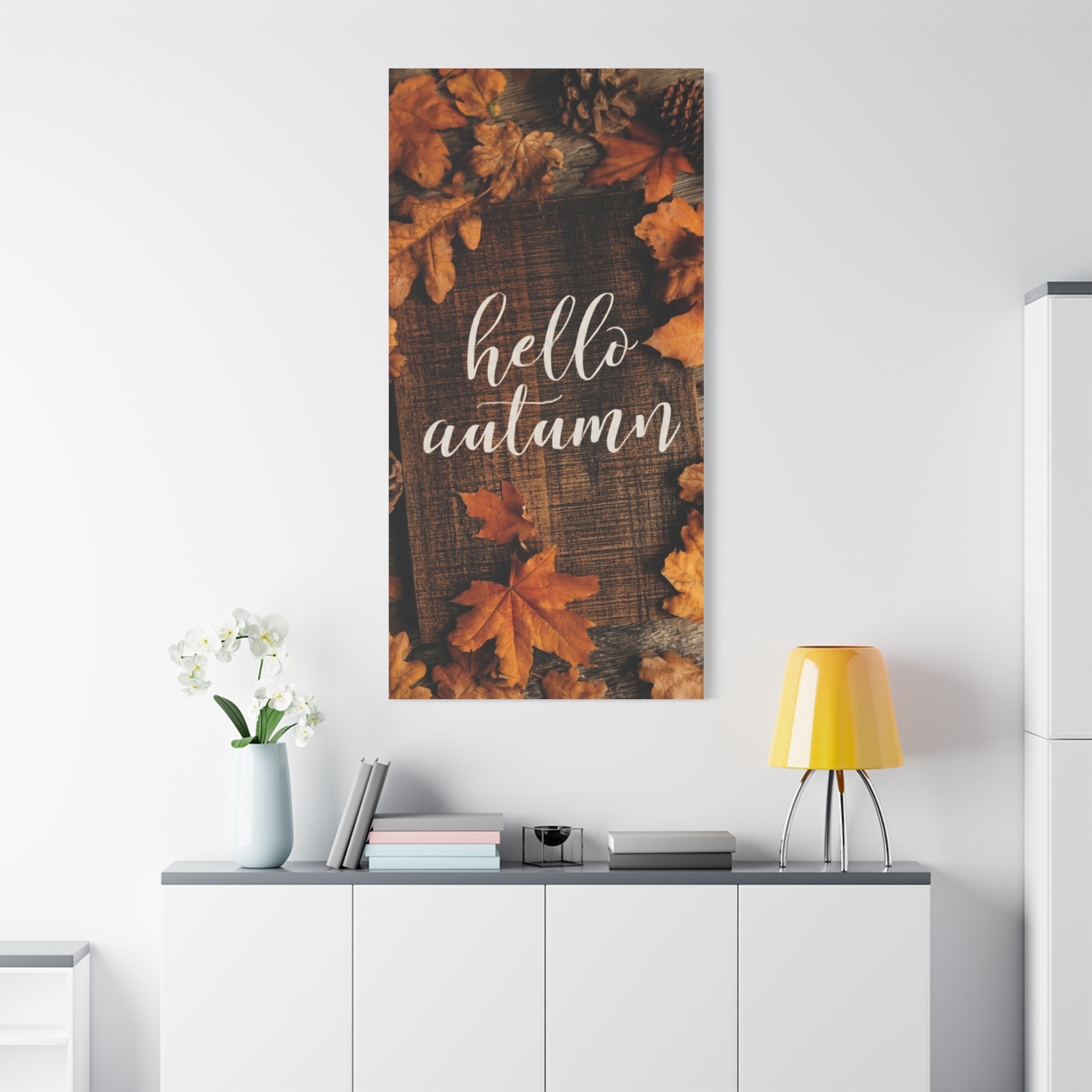 Hello Autumn Canvas Wall Art – Rustic Fall Leaf Home Decor