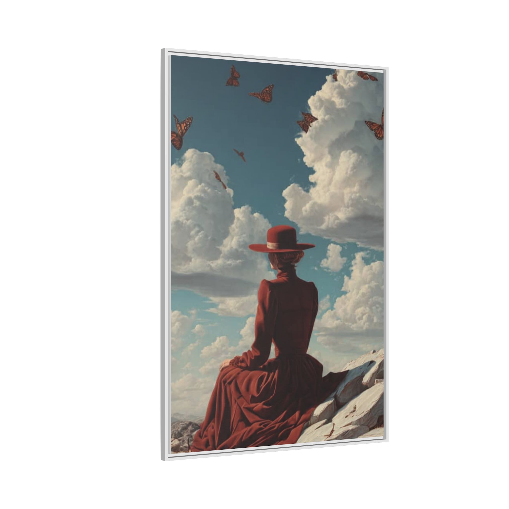Framed Matte Canvas: Woman in Red Dress Sunset Sky Wall Art - Image 70