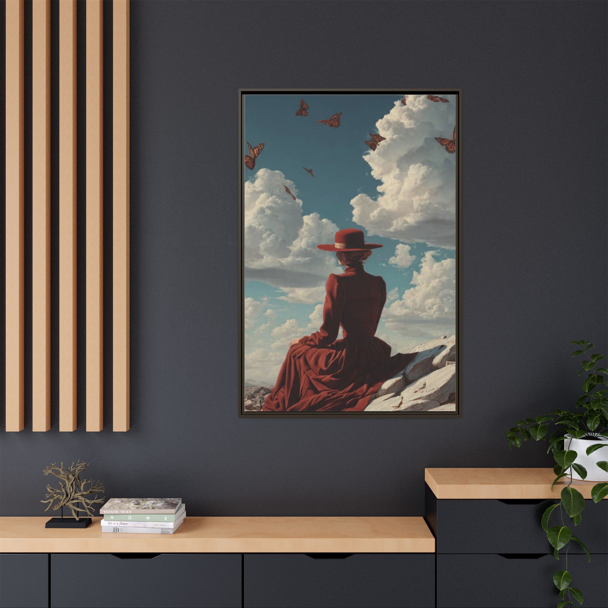 Framed Matte Canvas: Woman in Red Dress Sunset Sky Wall Art - Image 128