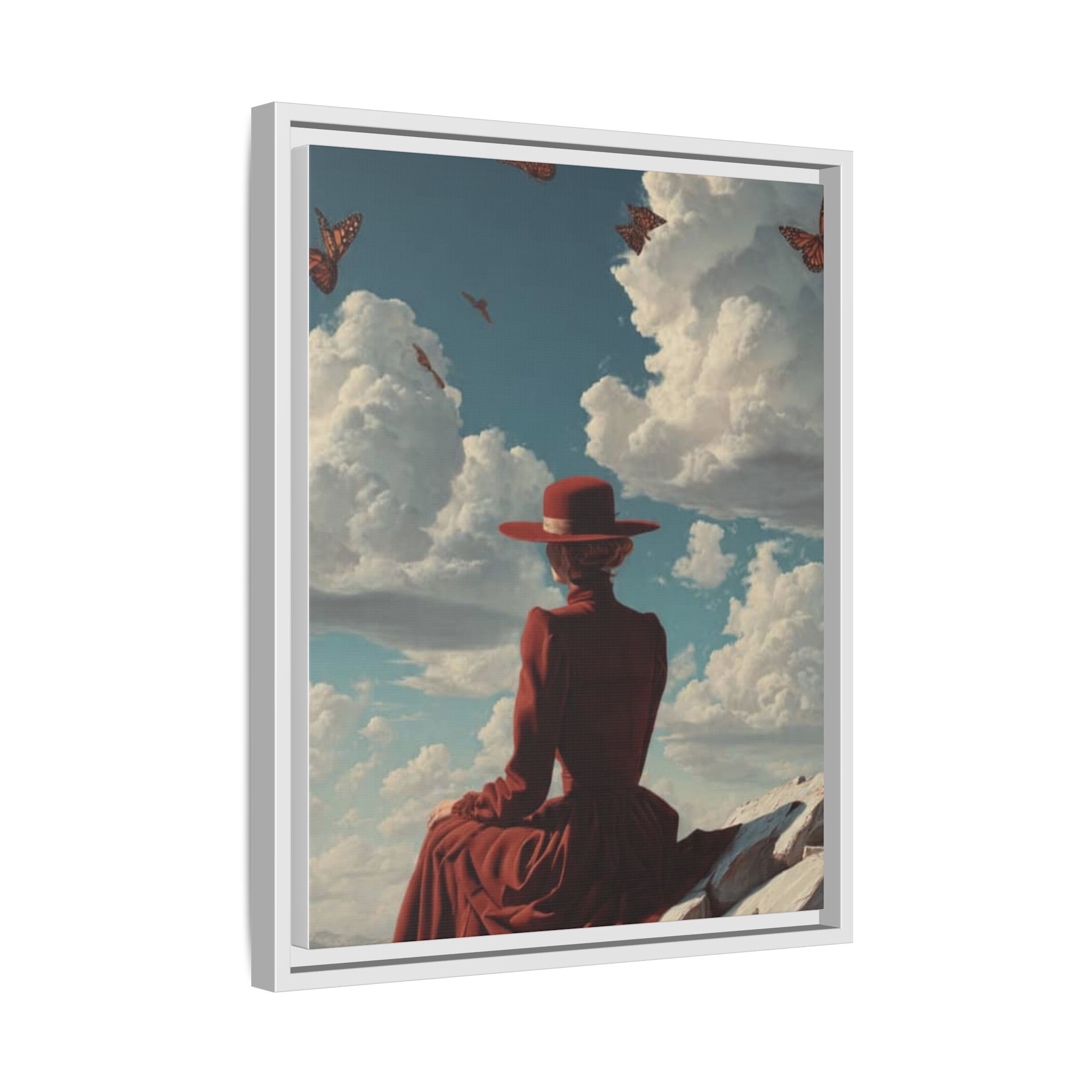Framed Matte Canvas: Woman in Red Dress Sunset Sky Wall Art - Image 214