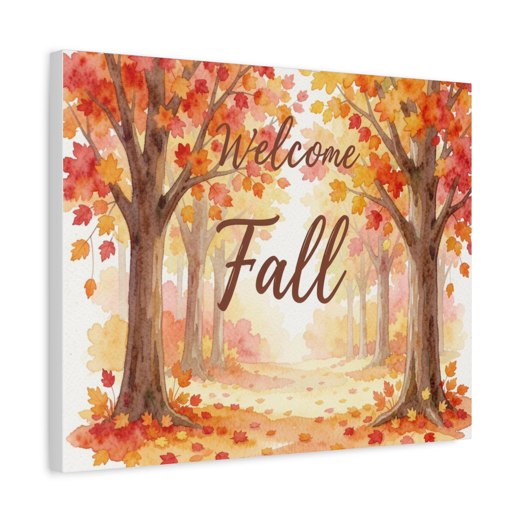 Welcome Fall Canvas Wall Art - Autumn Trees Watercolor Stretched Matte Canvas - Image 5