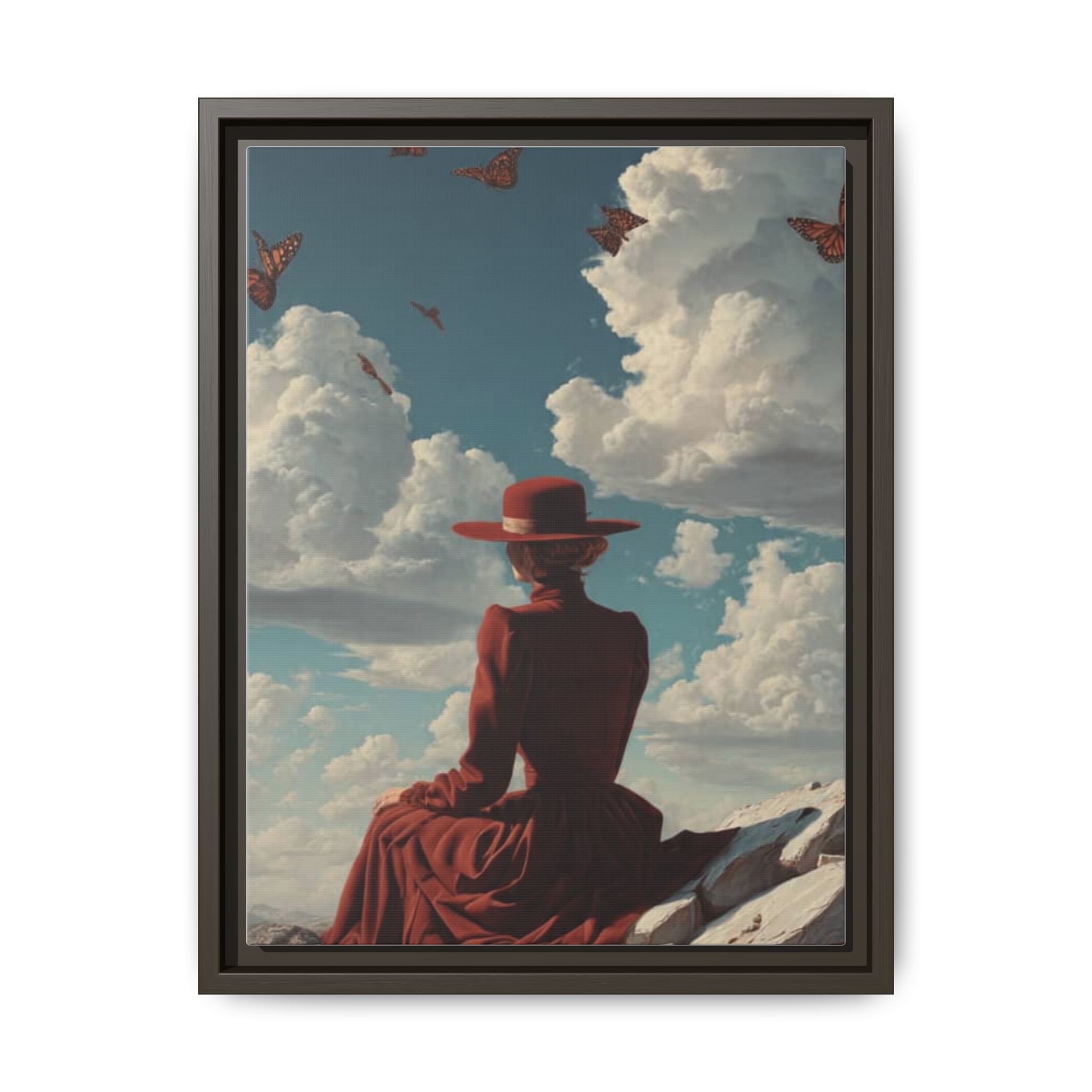 Framed Matte Canvas: Woman in Red Dress Sunset Sky Wall Art - Image 89
