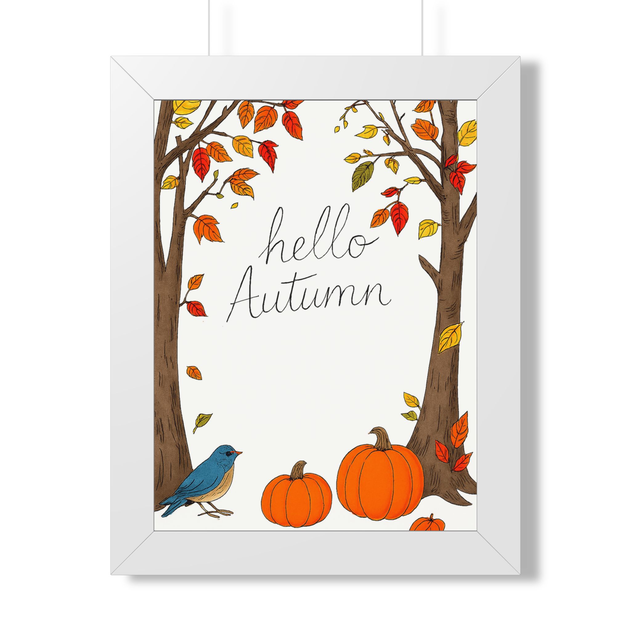 Hello Autumn Framed Poster — Fall Pumpkin & Tree Wall Art