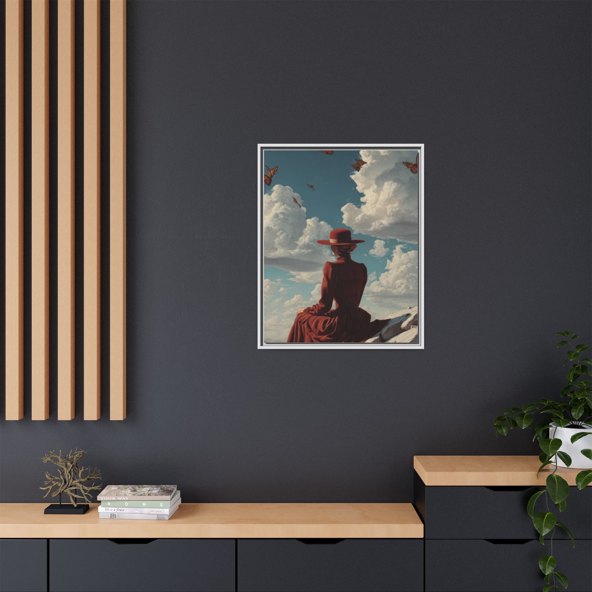 Framed Matte Canvas: Woman in Red Dress Sunset Sky Wall Art - Image 236