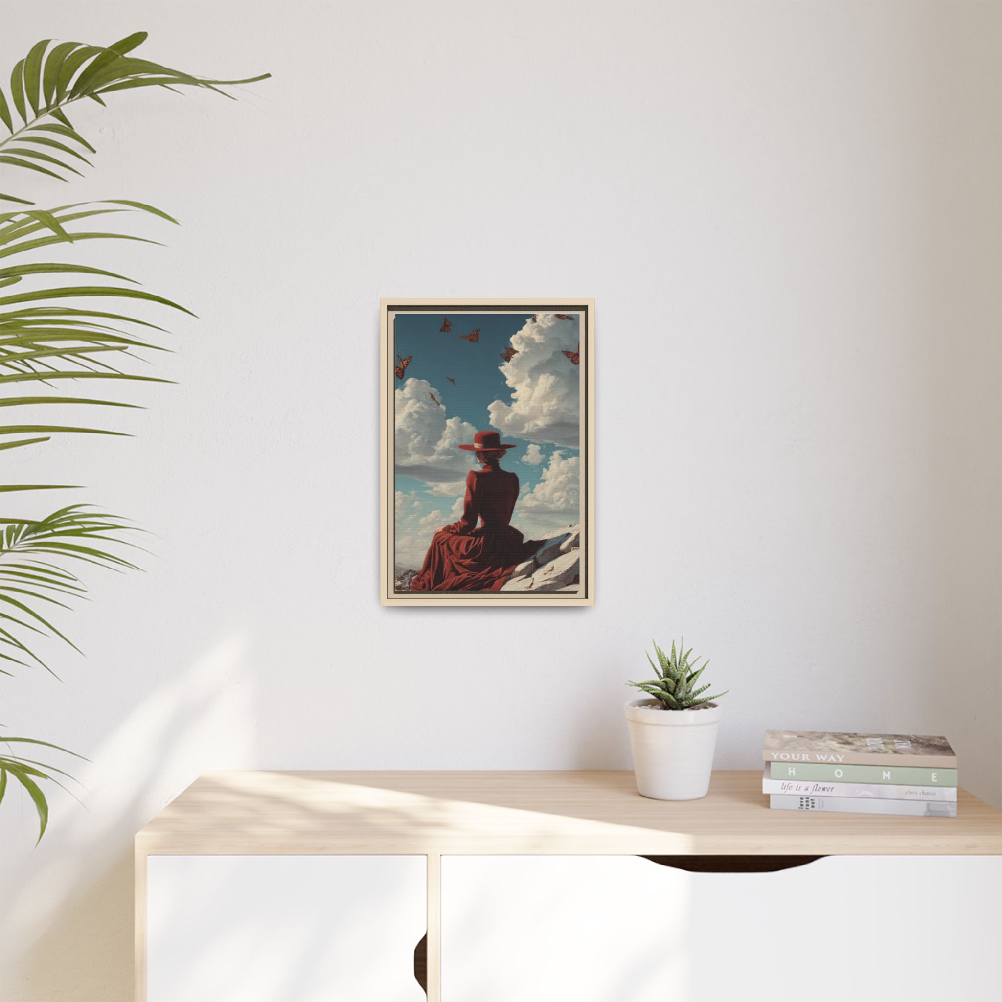Framed Matte Canvas: Woman in Red Dress Sunset Sky Wall Art - Image 135
