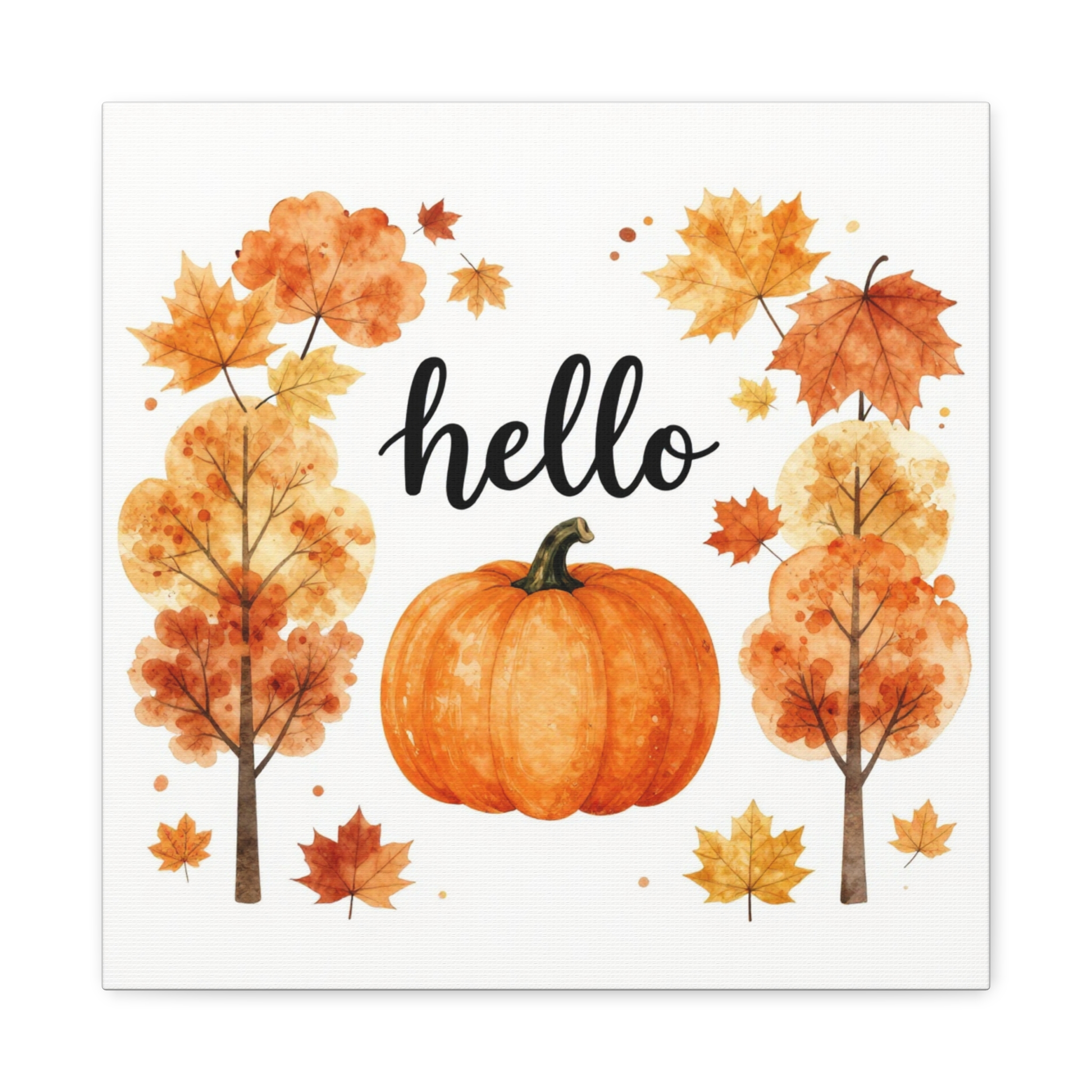 Hello Pumpkin Fall Canvas Wall Art — Autumn Pumpkin & Leaves Stretched Matte Canvas - Image 4