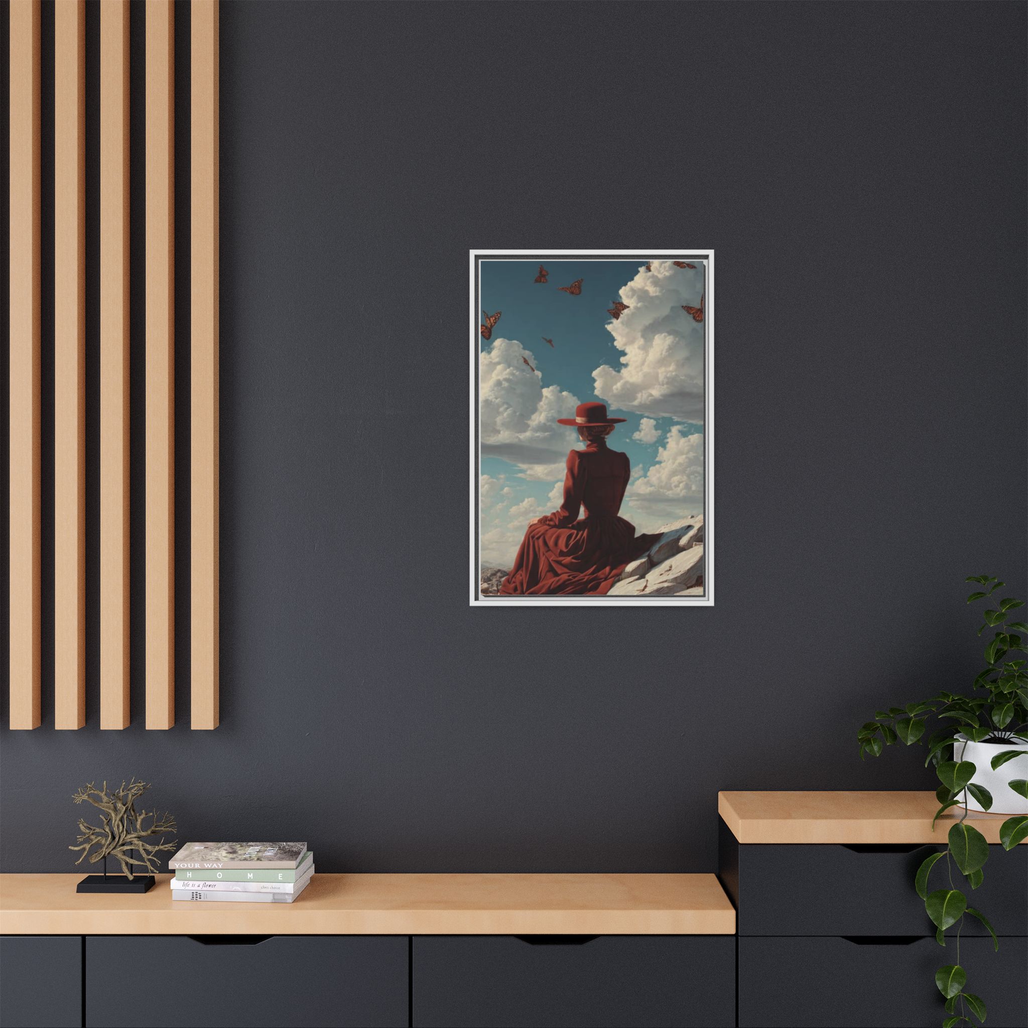 Framed Matte Canvas: Woman in Red Dress Sunset Sky Wall Art - Image 156