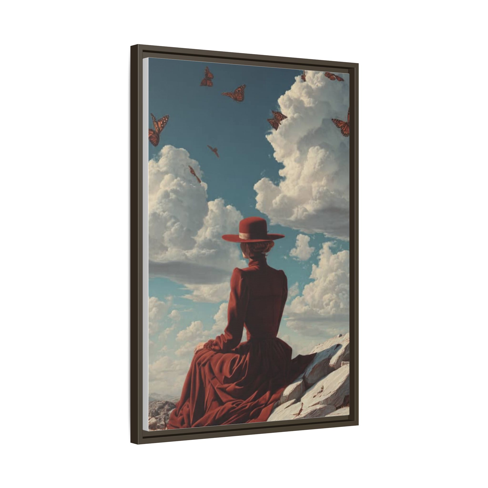 Framed Matte Canvas: Woman in Red Dress Sunset Sky Wall Art - Image 158