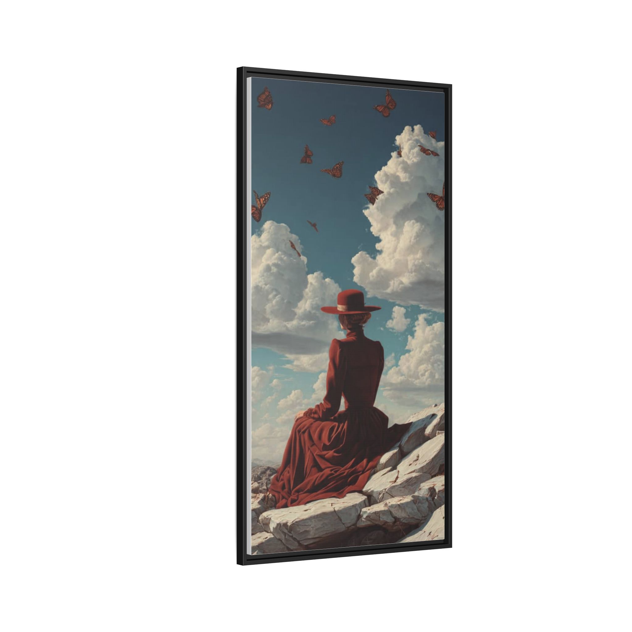 Framed Matte Canvas: Woman in Red Dress Sunset Sky Wall Art - Image 6