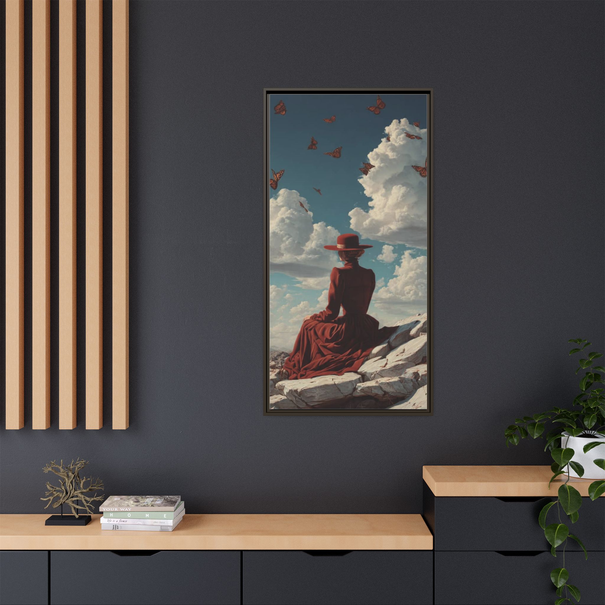Framed Matte Canvas: Woman in Red Dress Sunset Sky Wall Art - Image 12