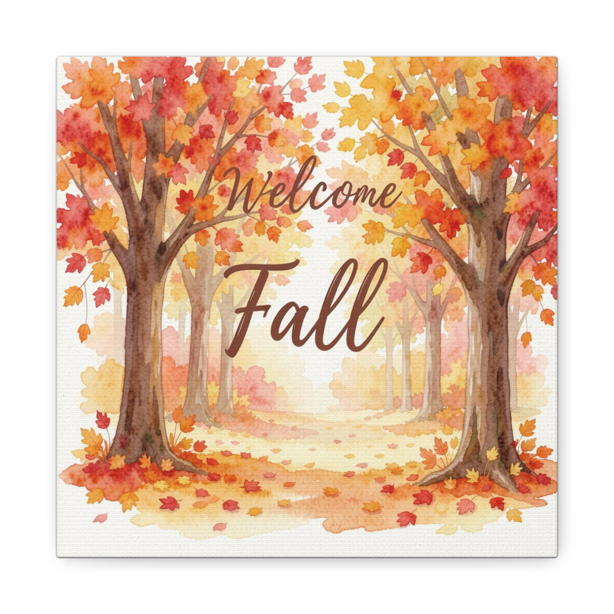Welcome Fall Canvas Wall Art - Autumn Trees Watercolor Stretched Matte Canvas - Image 3