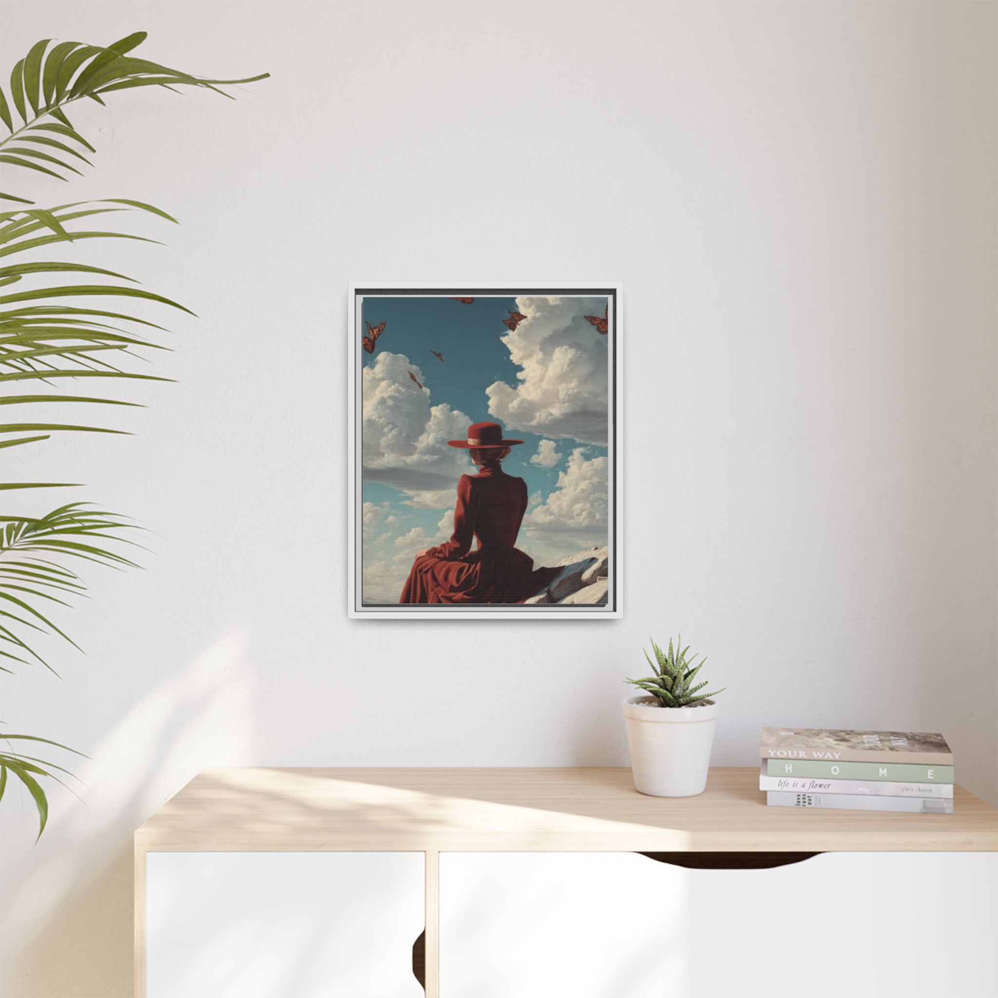 Framed Matte Canvas: Woman in Red Dress Sunset Sky Wall Art - Image 215