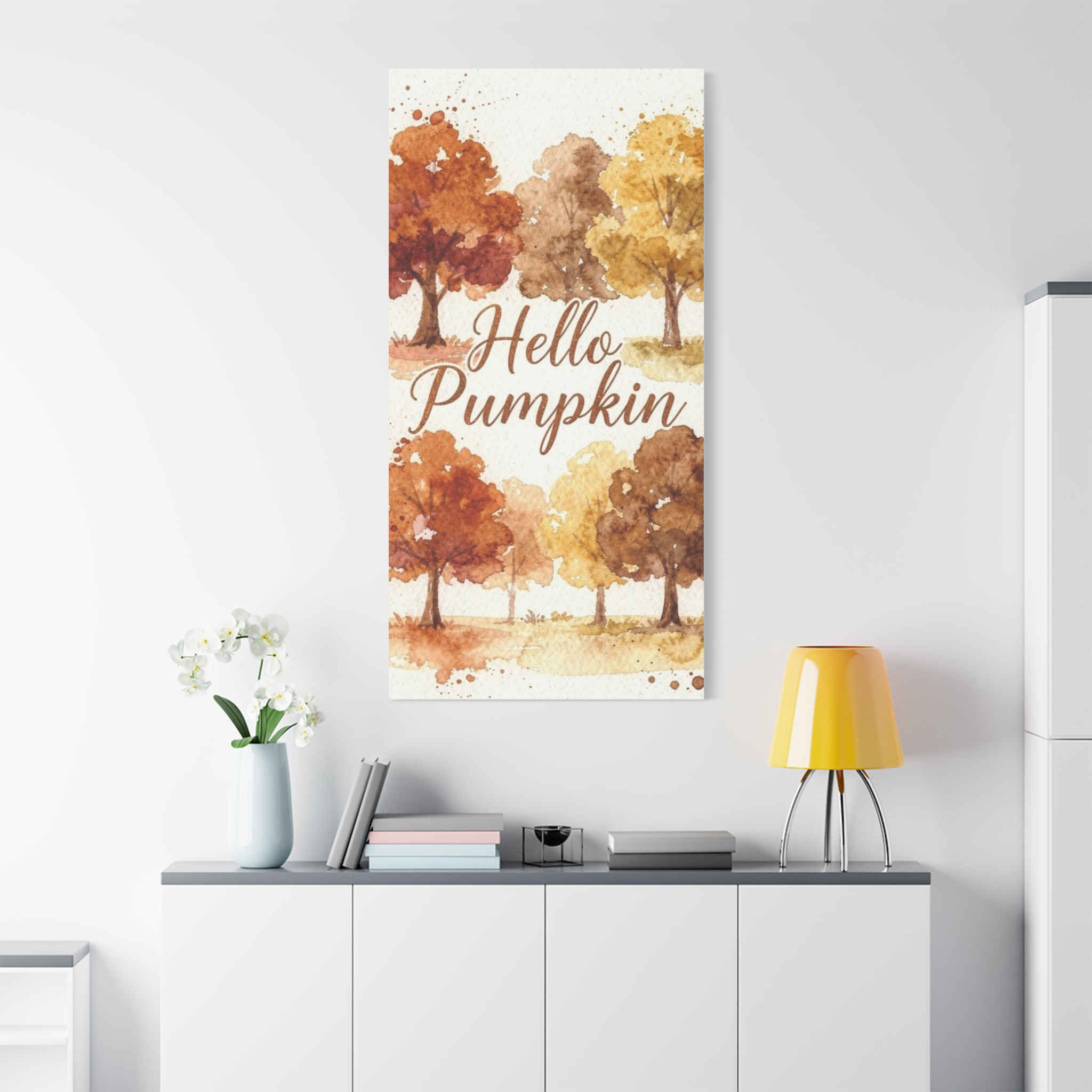 Hello Pumpkin Fall Canvas Wall Art – Autumn Watercolor Home Decor
