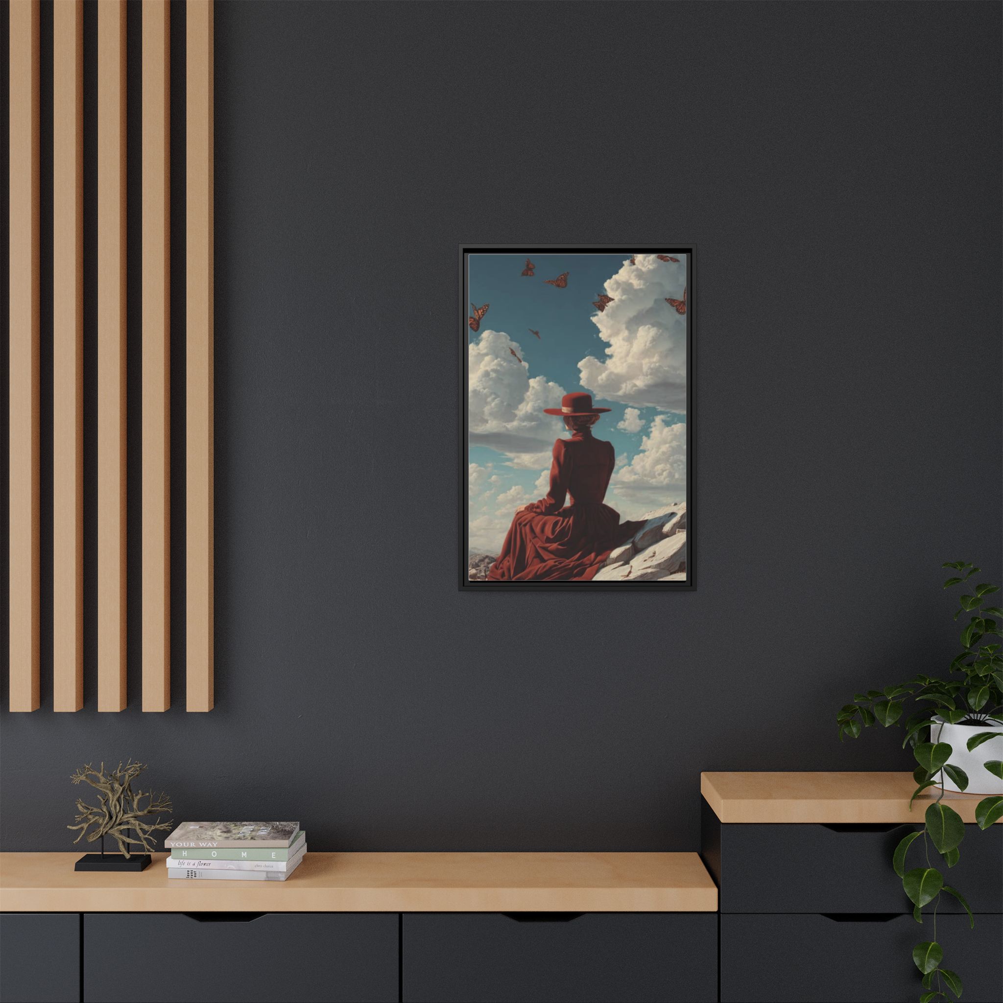 Framed Matte Canvas: Woman in Red Dress Sunset Sky Wall Art - Image 148