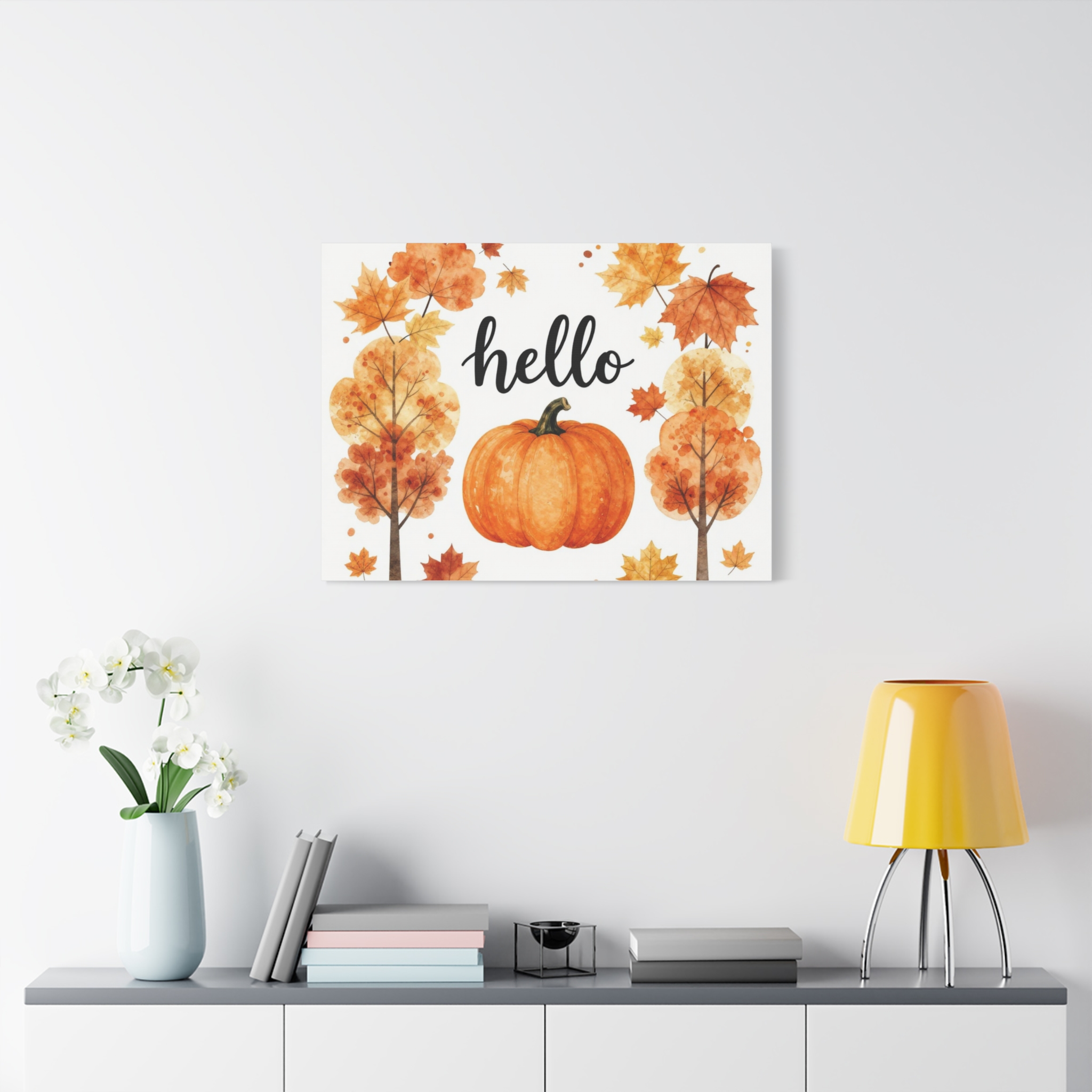 Hello Pumpkin Fall Canvas Wall Art — Autumn Pumpkin & Leaves Stretched Matte Canvas - Image 2