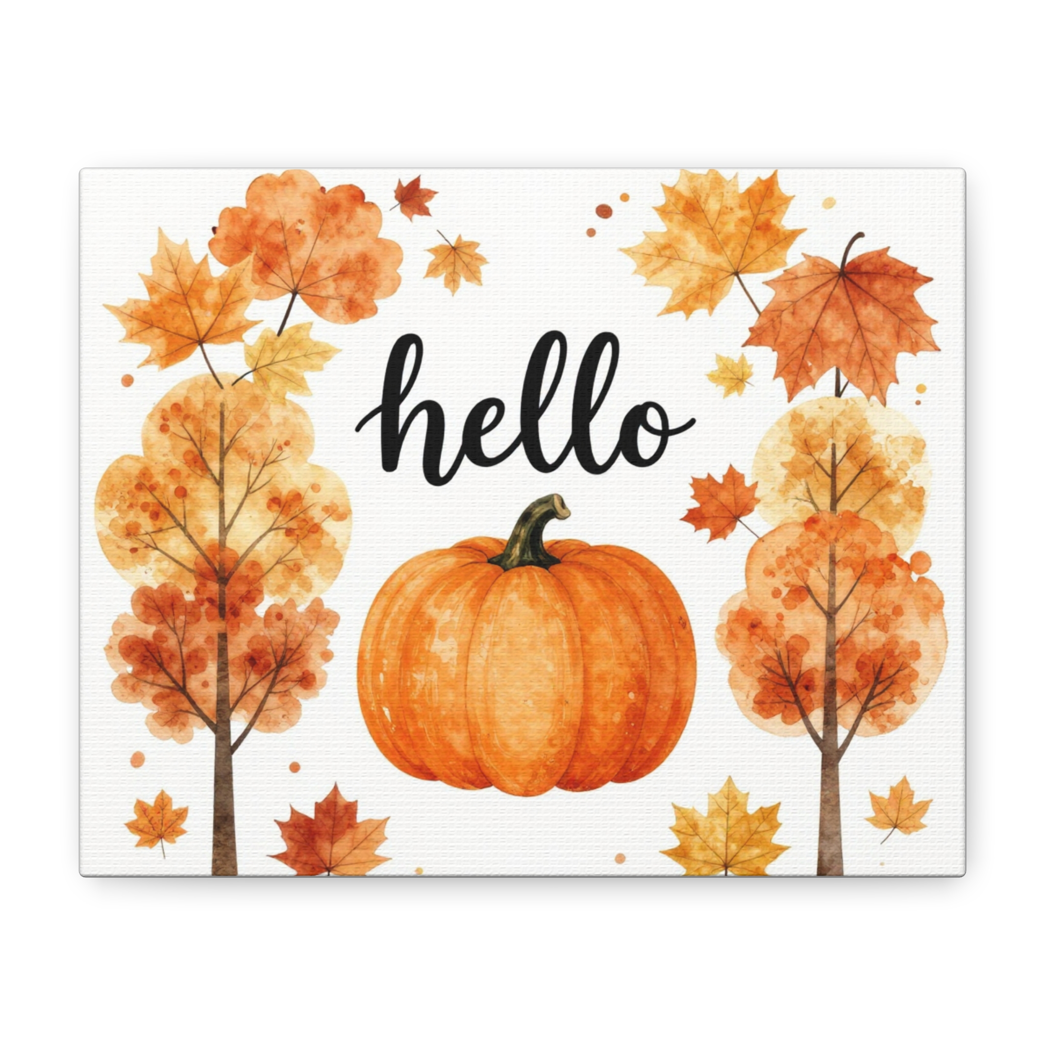 Hello Pumpkin Fall Canvas Wall Art — Autumn Pumpkin & Leaves Stretched Matte Canvas - Image 3