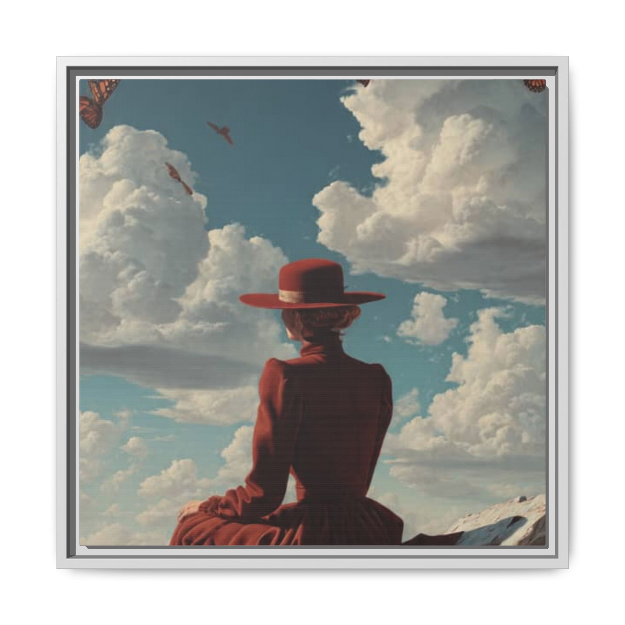 Framed Matte Canvas: Woman in Red Dress Sunset Sky Wall Art - Image 189