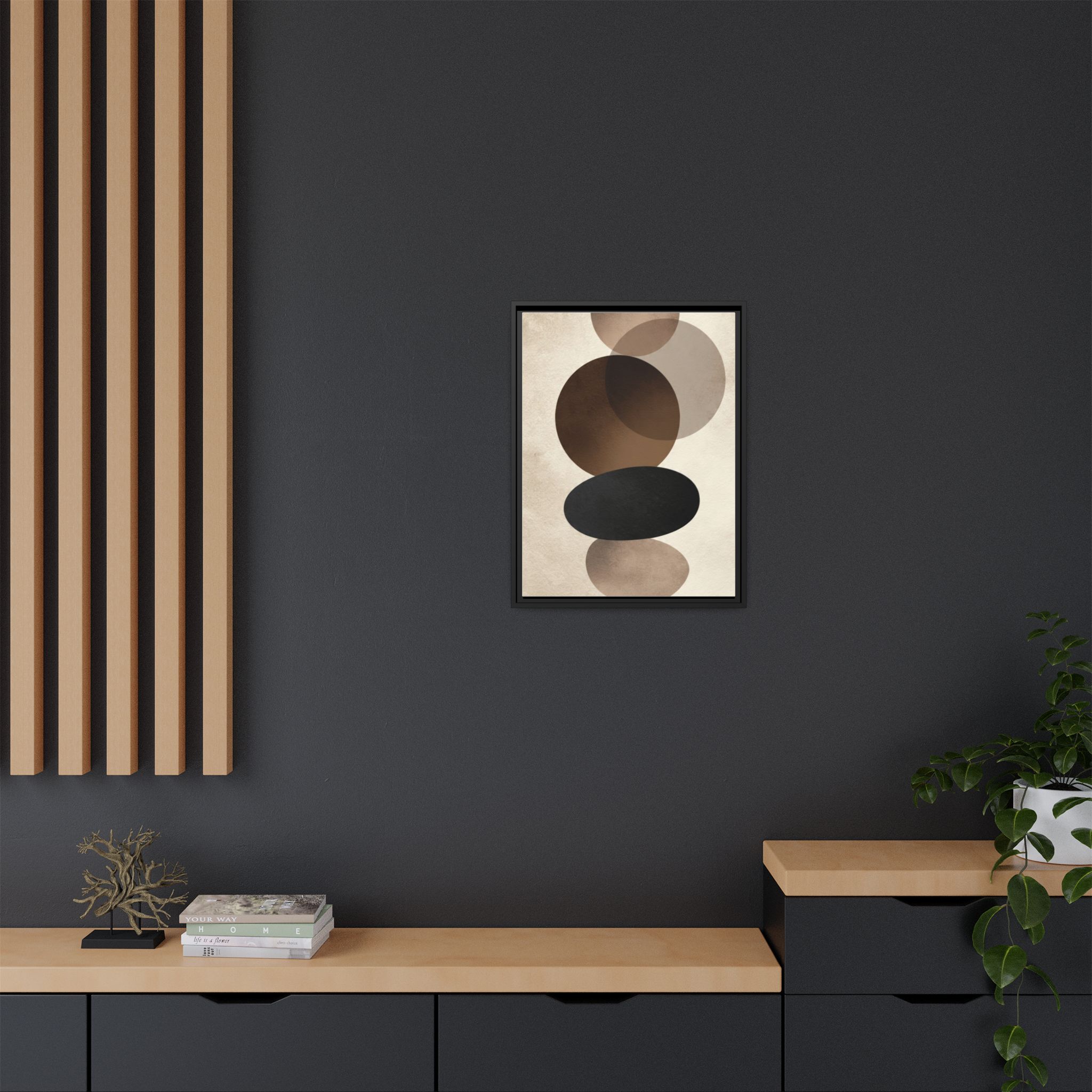 Framed Abstract Circles Matte Canvas Print — Neutral Mid-Century Wall Art - Image 220