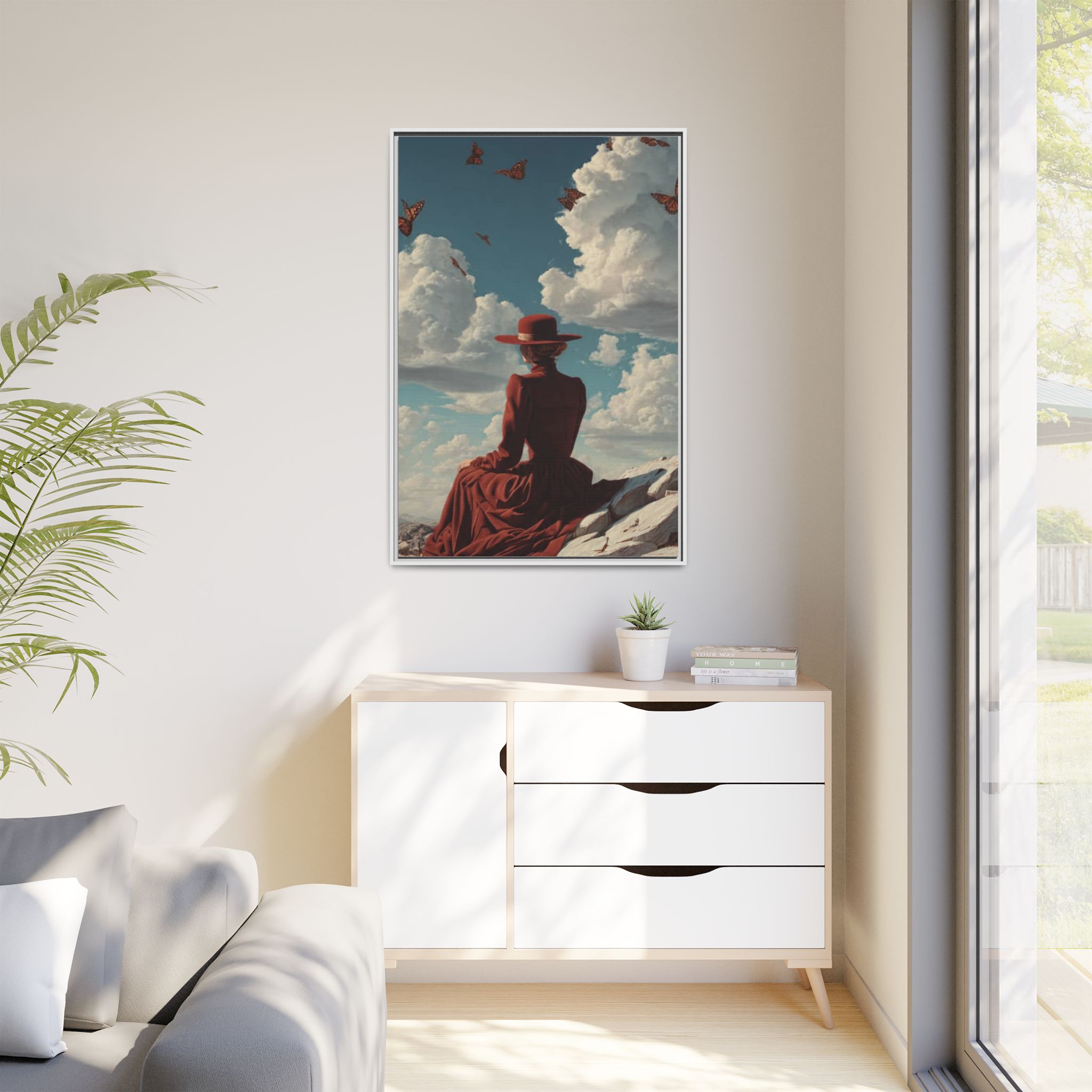 Framed Matte Canvas: Woman in Red Dress Sunset Sky Wall Art - Image 119