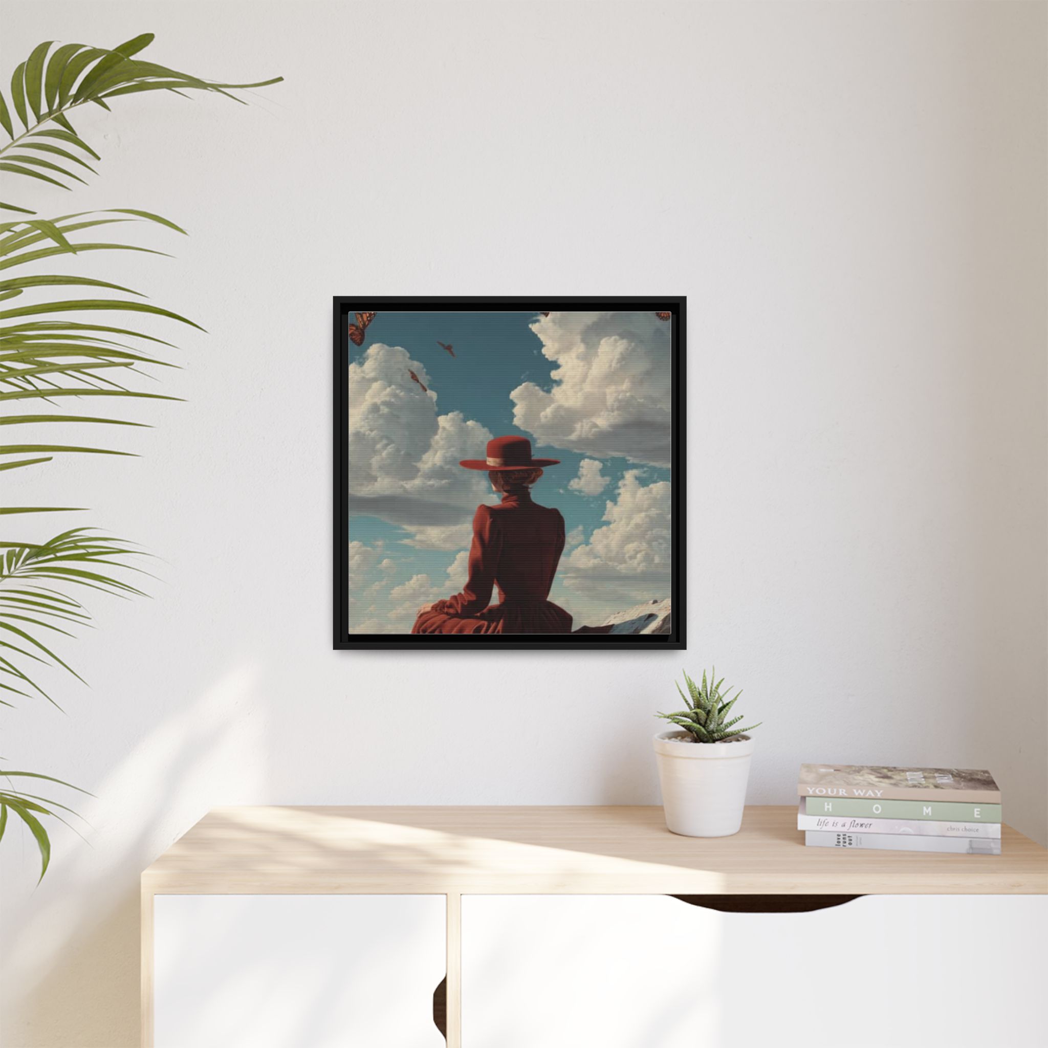 Framed Matte Canvas: Woman in Red Dress Sunset Sky Wall Art - Image 179