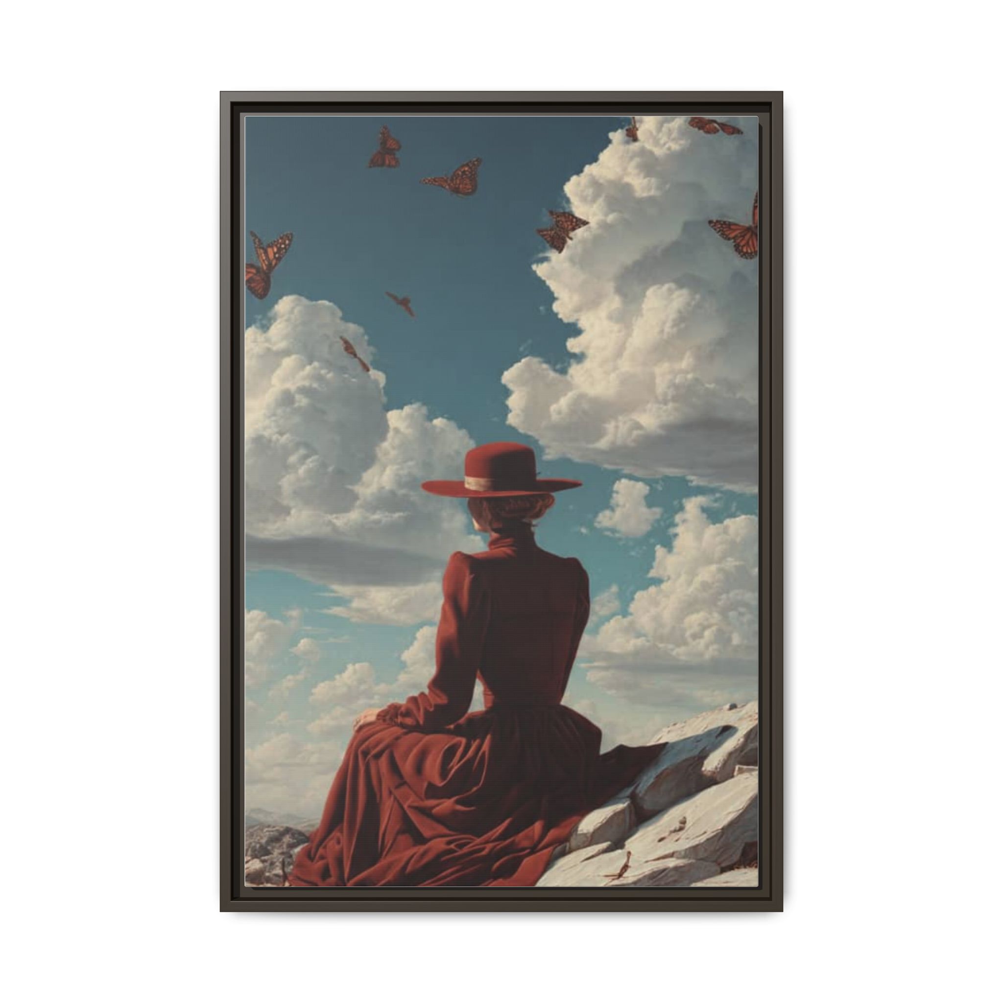 Framed Matte Canvas: Woman in Red Dress Sunset Sky Wall Art - Image 157