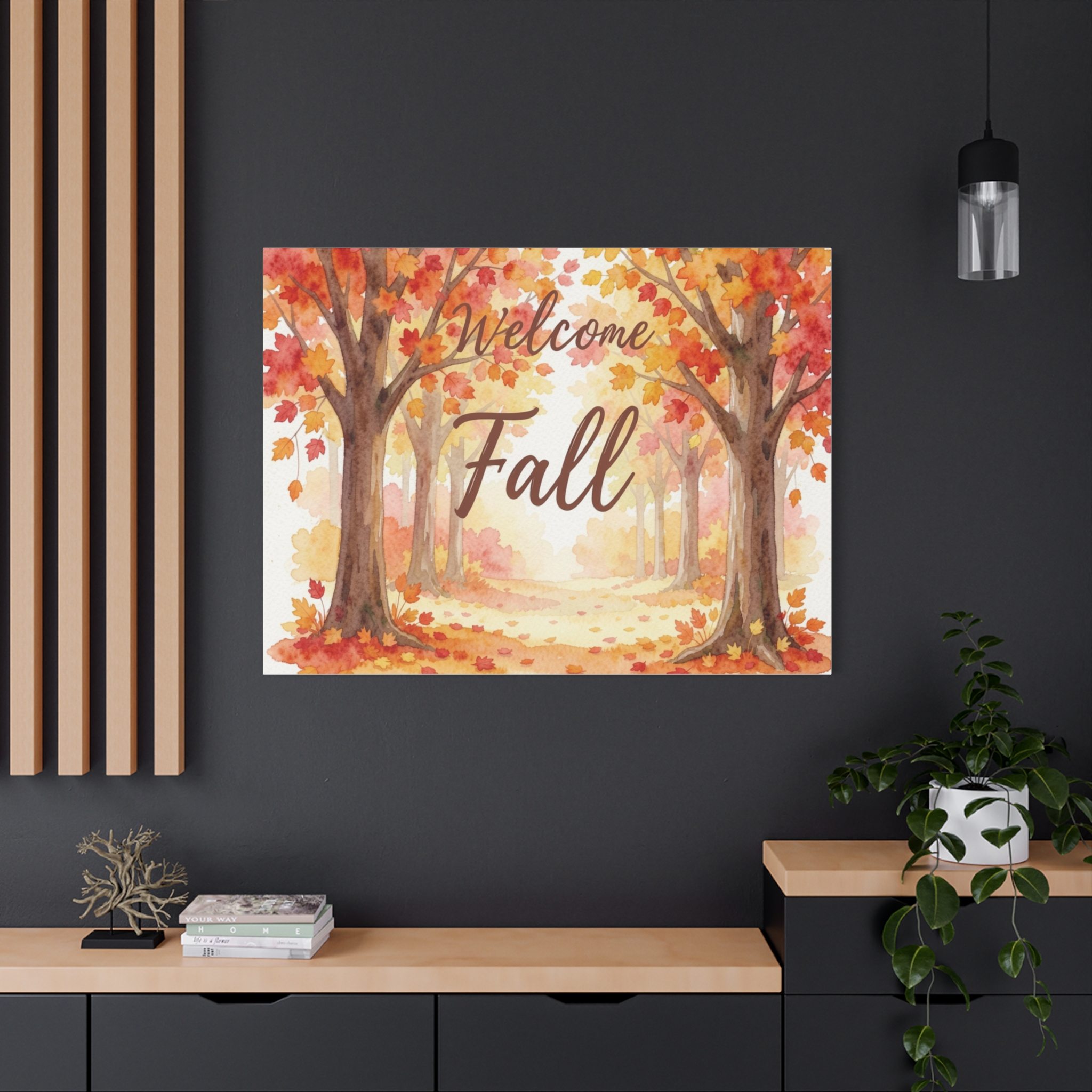 Welcome Fall Canvas Wall Art - Autumn Trees Watercolor Stretched Matte Canvas - Image 7
