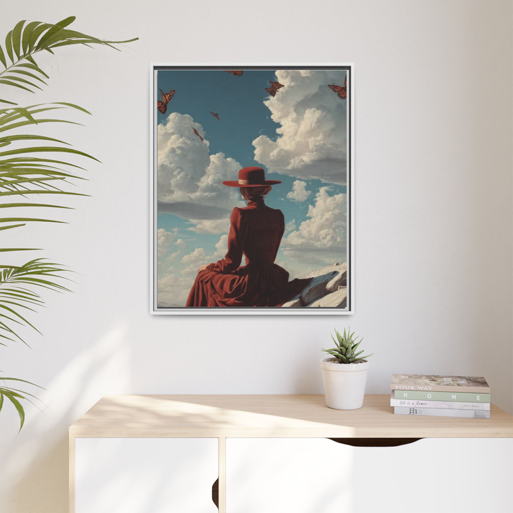 Framed Matte Canvas: Woman in Red Dress Sunset Sky Wall Art - Image 235