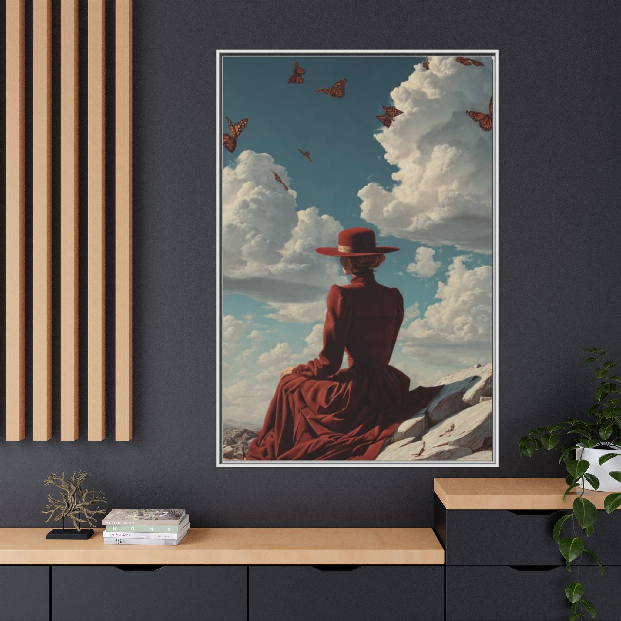 Framed Matte Canvas: Woman in Red Dress Sunset Sky Wall Art - Image 72