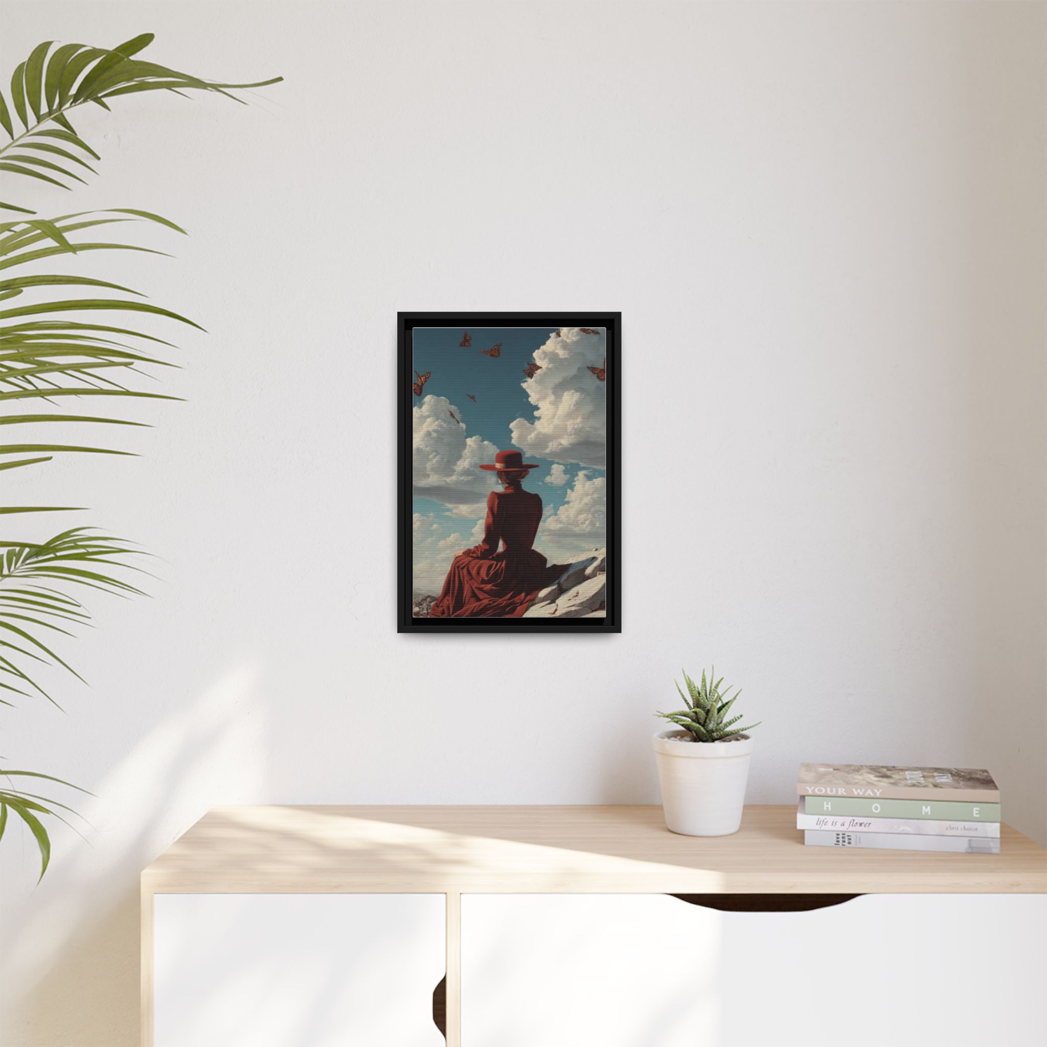 Framed Matte Canvas: Woman in Red Dress Sunset Sky Wall Art - Image 143
