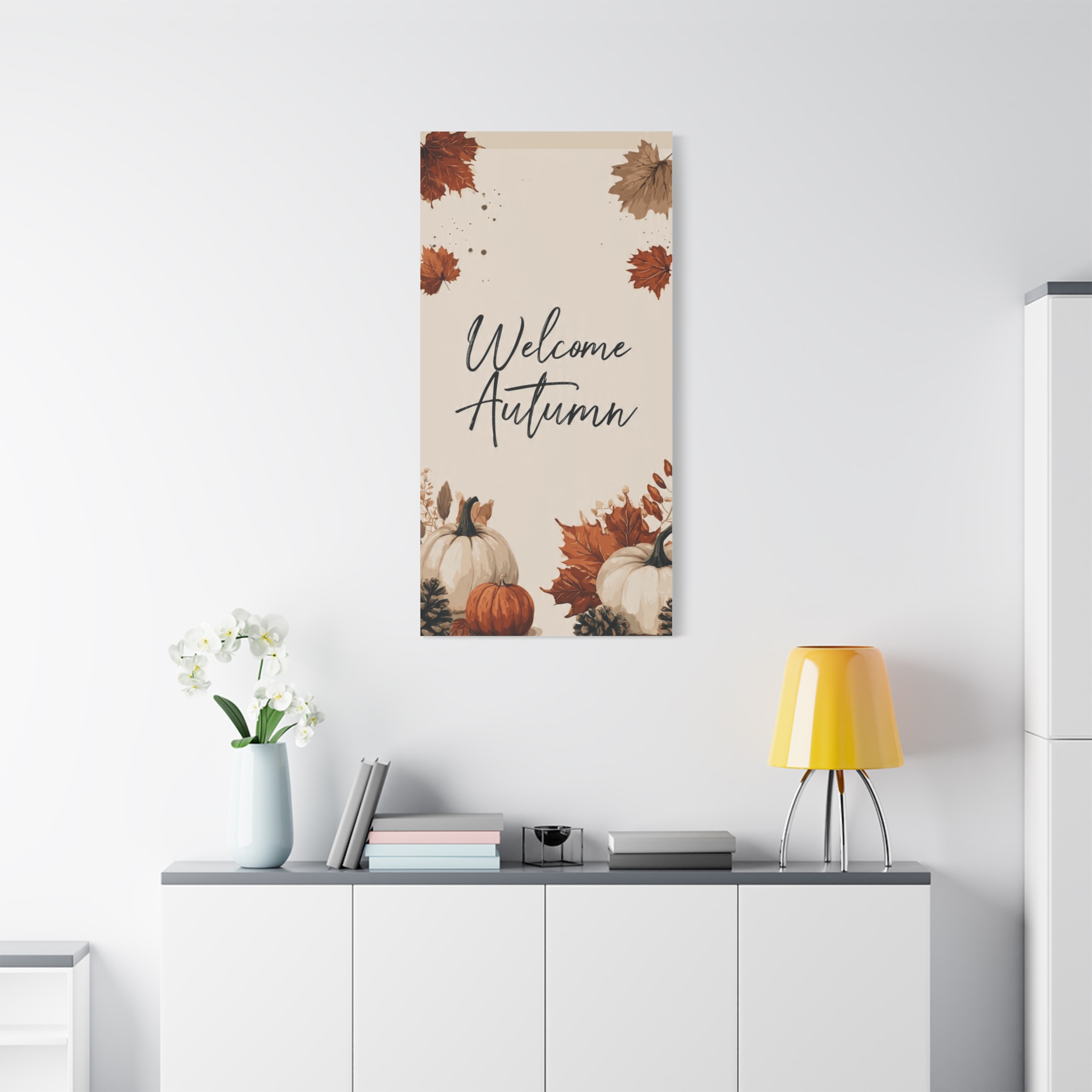 Welcome Autumn Canvas Wall Art — Fall Leaves Pumpkin Neutral Seasonal Decor